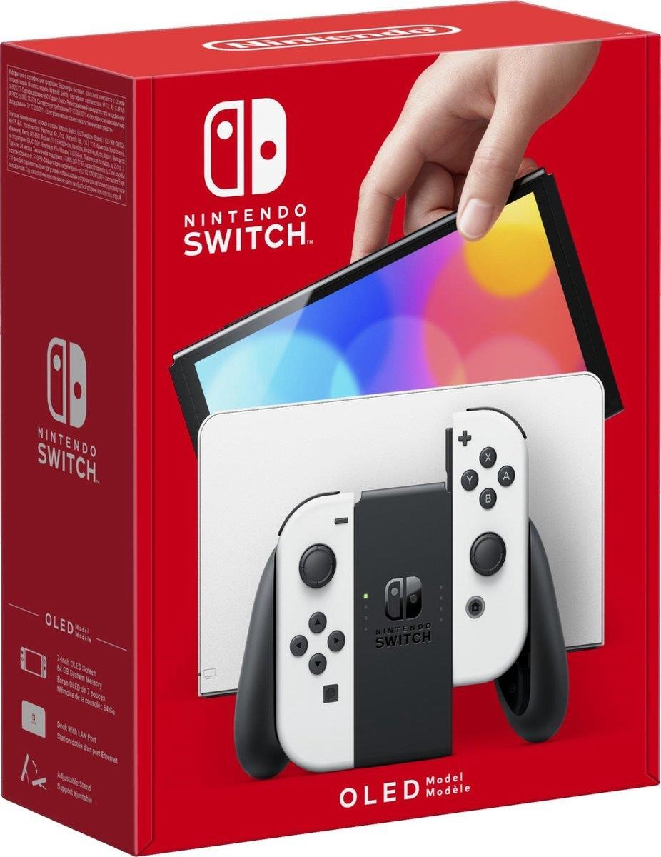 Nintendo Switch OLED box, Switch, and Joy-Cons in front of a white background.