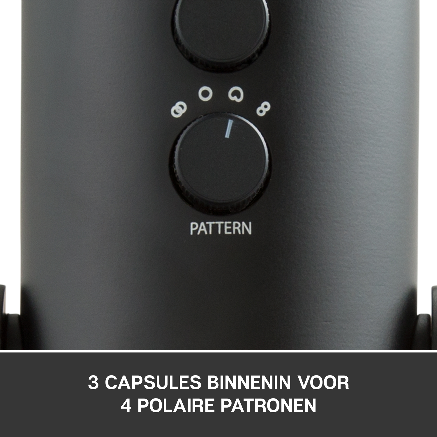 Close-up of the pattern dial on a black microphone with text below.
