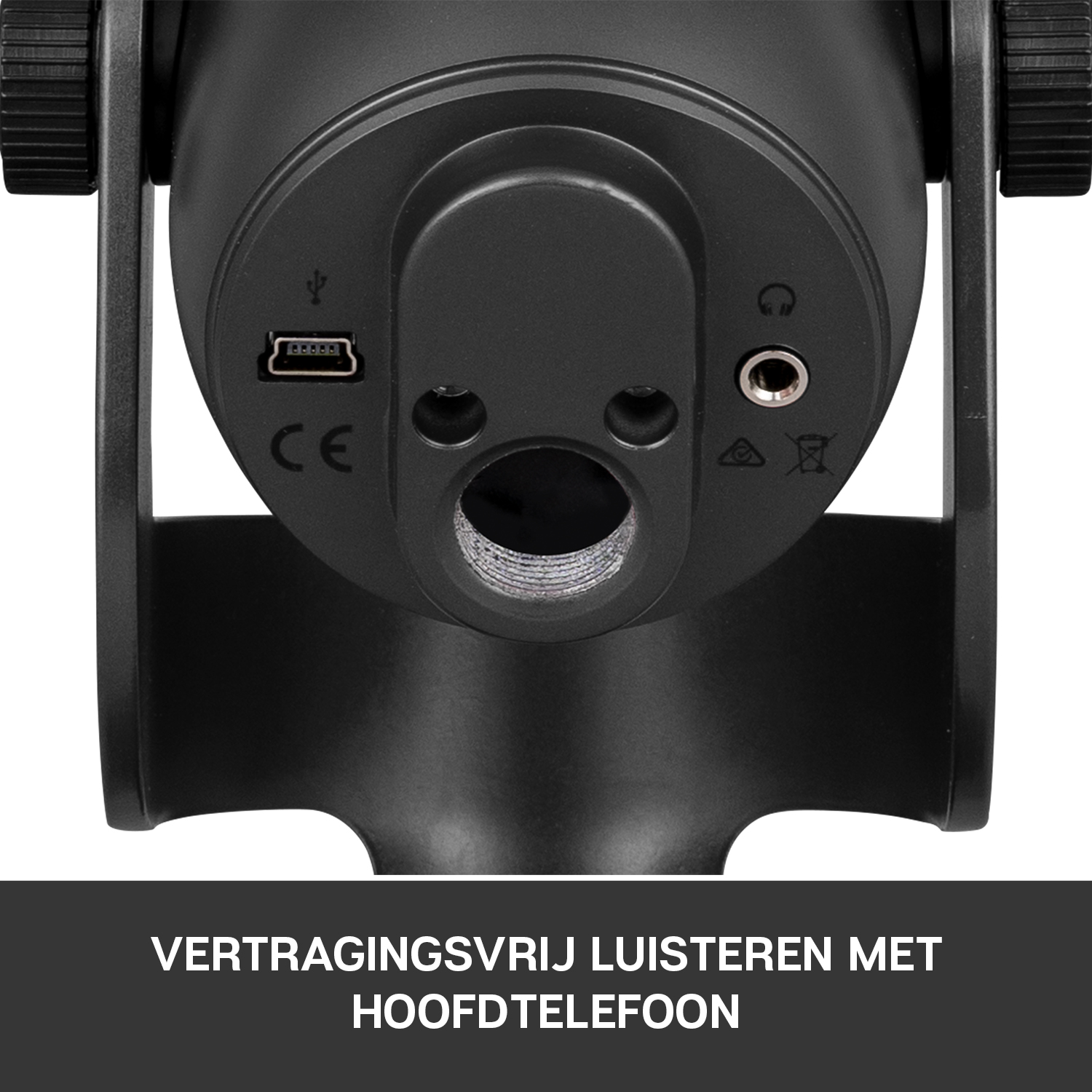 Black microphone with a USB port and a headphone jack. Text in Dutch.
