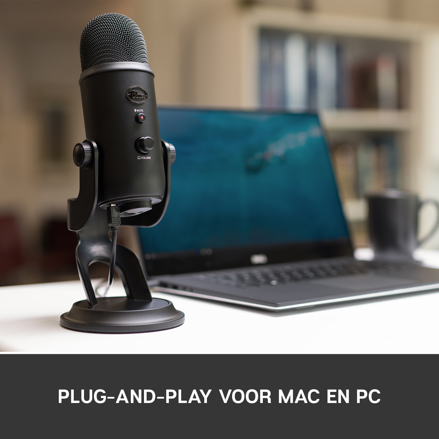 A black microphone with a laptop on a wooden desk. The text 'PLUG-AND-PLAY'.