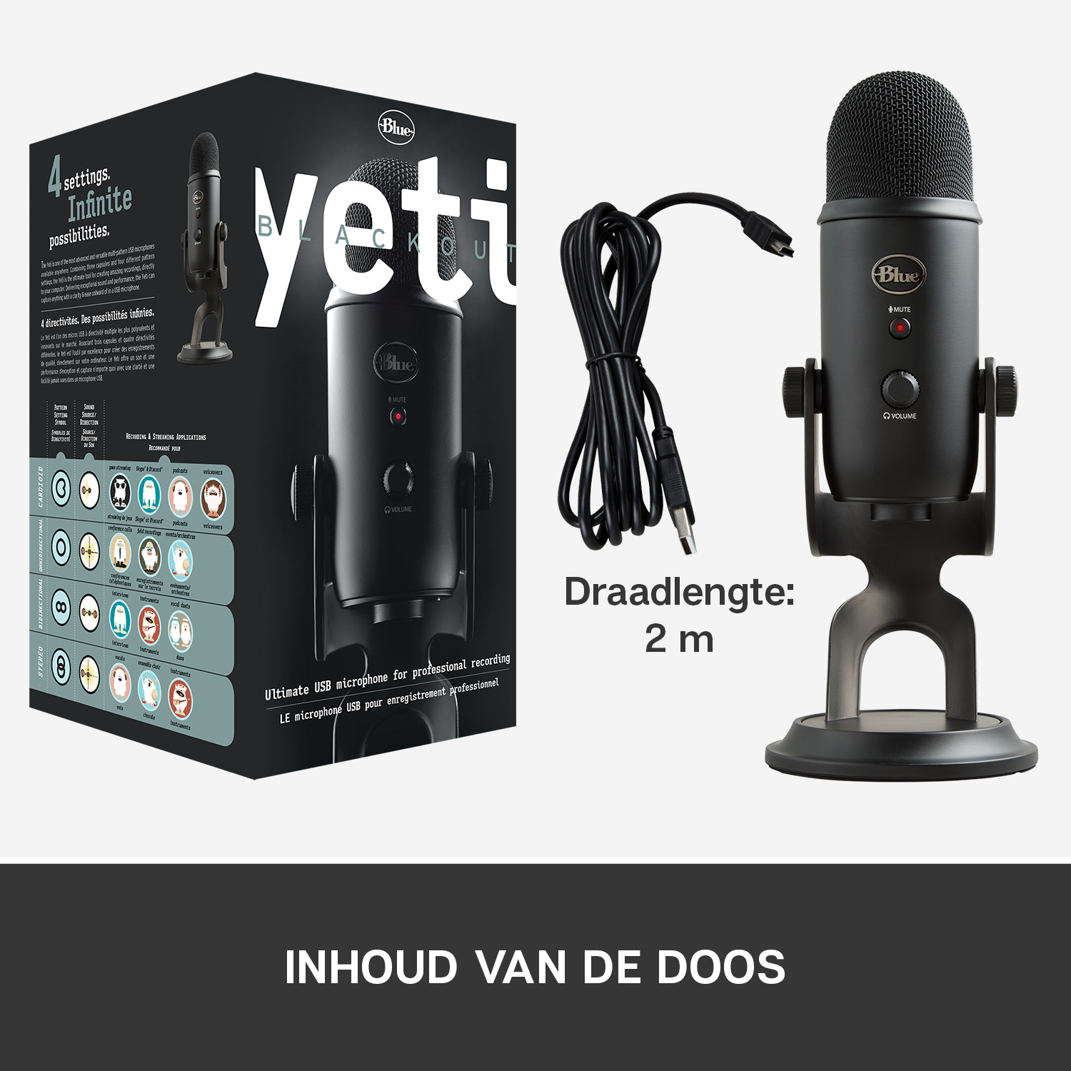 A black Blue Yeti microphone and its box. The box shows the microphone and its accessories.