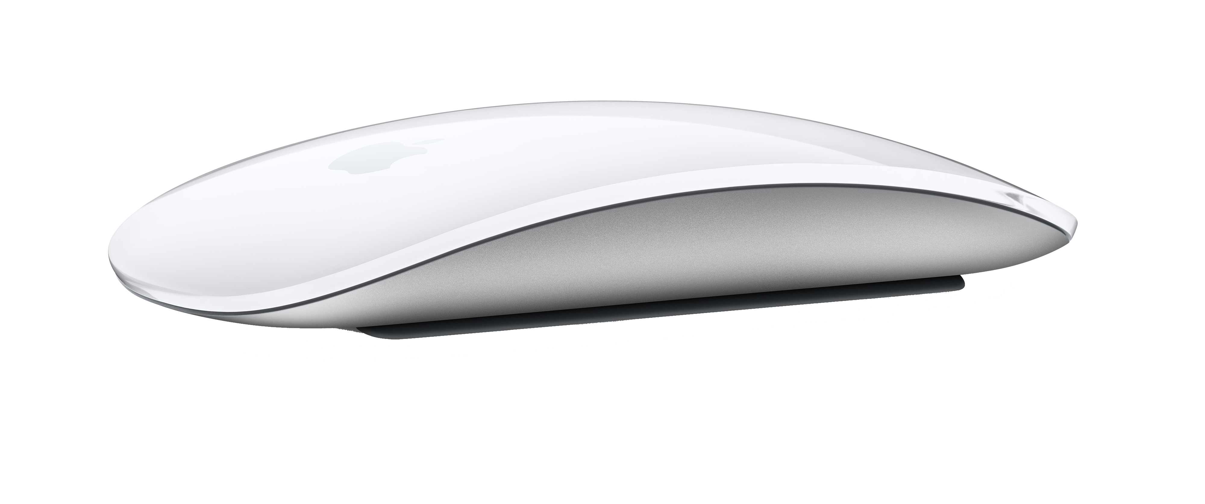 Ratón Apple Magic Mouse blanco sobre fondo oscuro, diseño curvo simple.