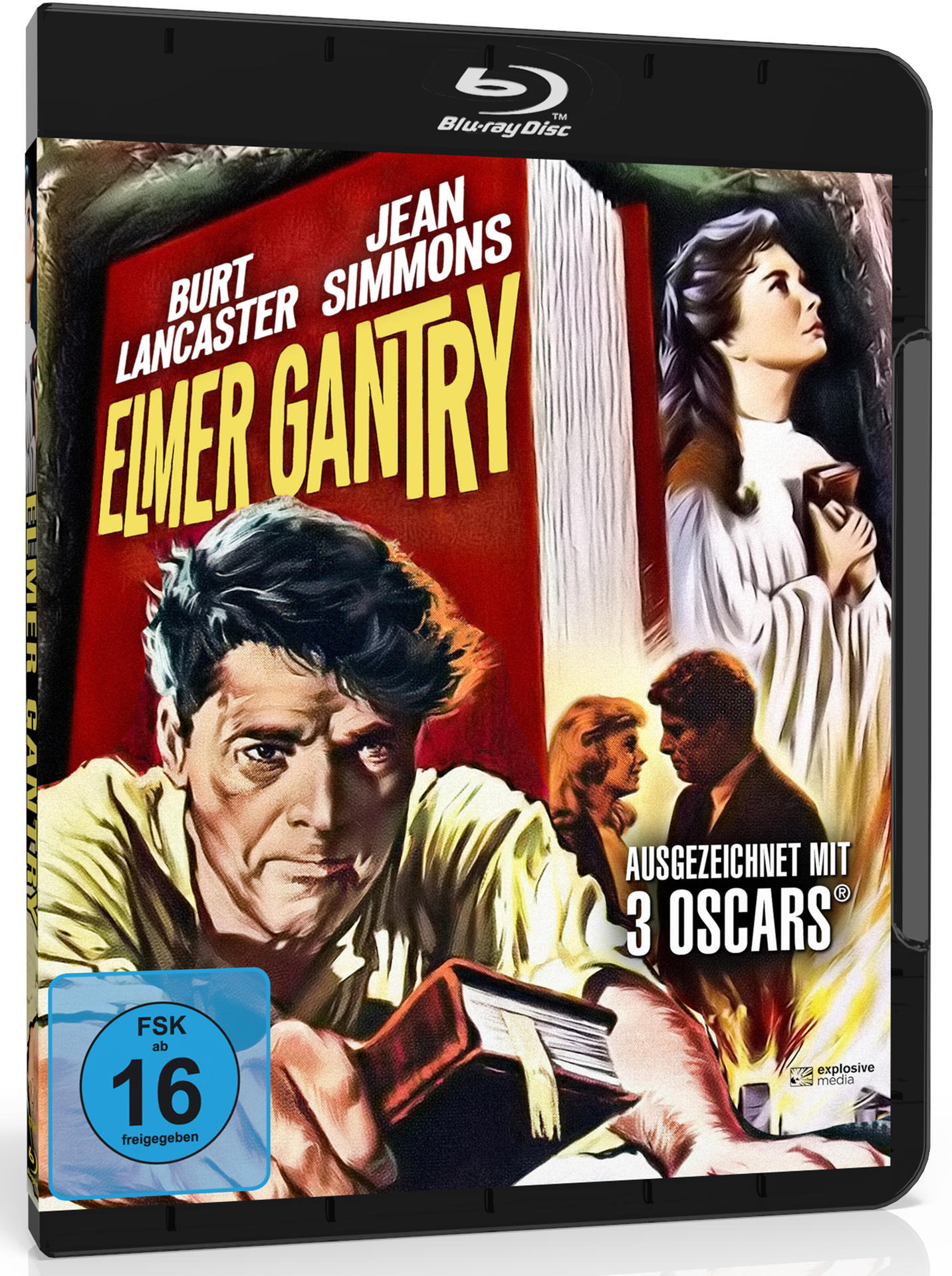 Eine DVD-Hülle des Films Elmer Gantry mit einem roten Buch und Schauspielern. Ein blauer FSK 16-Aufkleber.