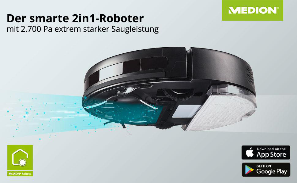 Roboter-Staubsauger mit deutschem Text und App-Download-Details.