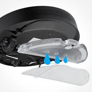 Roboter-Staubsauger mit Innenteilen, blauen Wassertropfen und einem Reinigungspad.