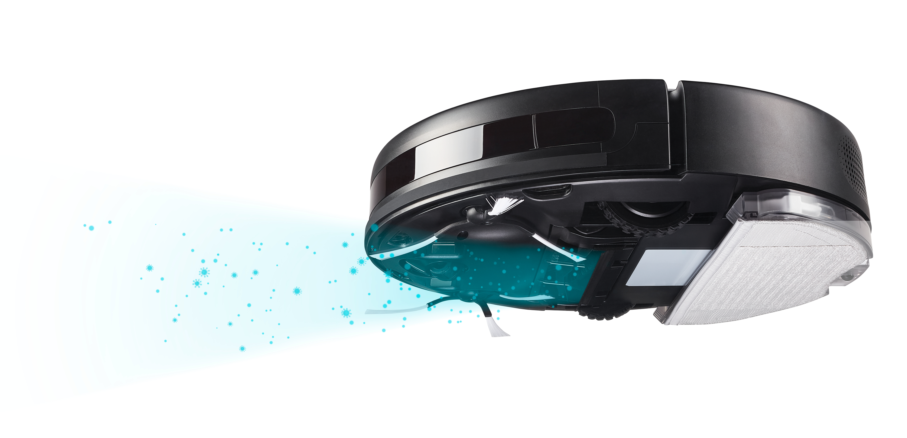 Ein schwarzer Roboter-Staubsauger bewegt sich vor weißem Hintergrund, mit blauem Licht.