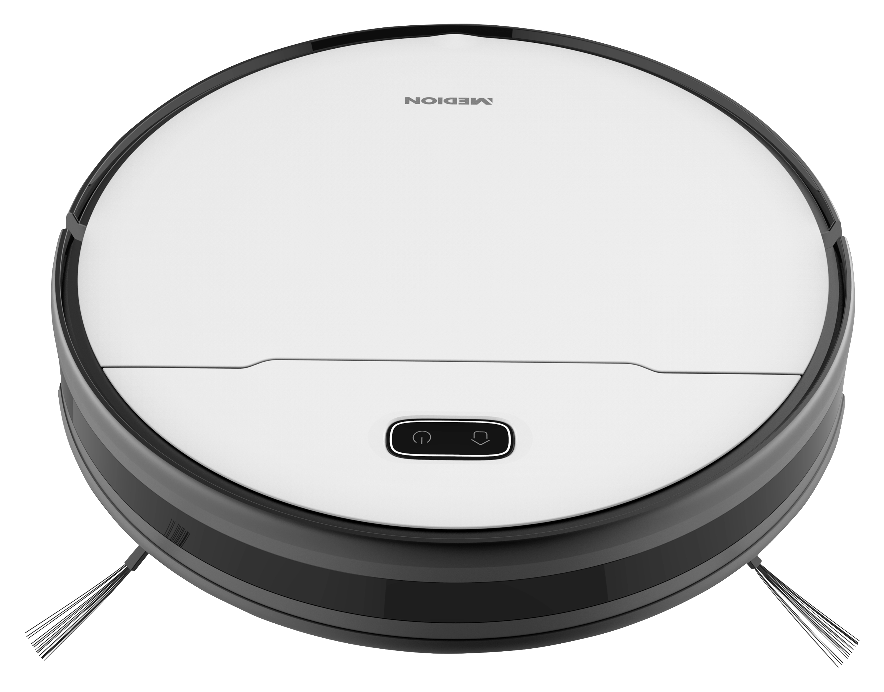Weiß-schwarzer Roboter-Staubsauger mit dem Markennamen MEDION oben.