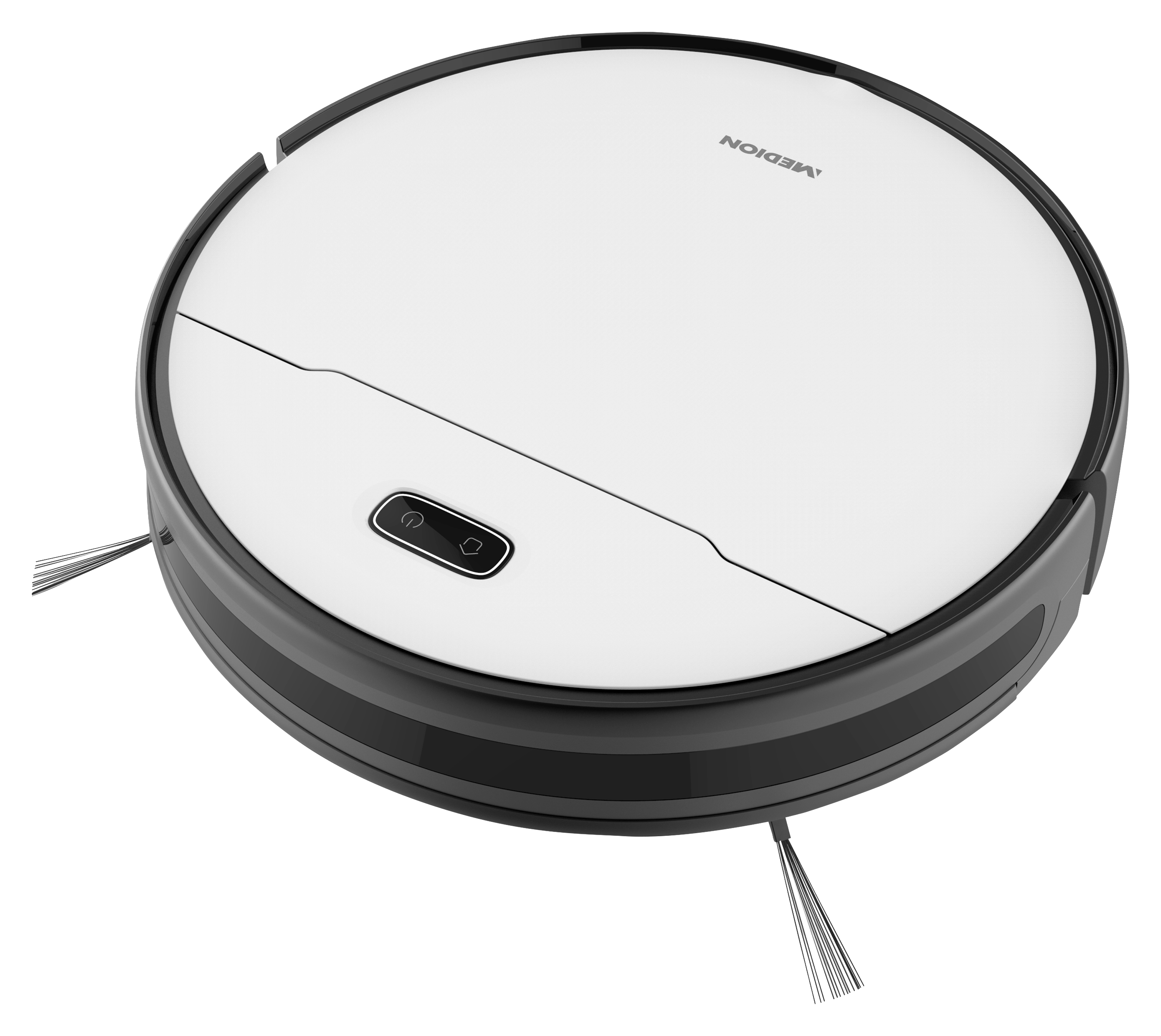 Weißer und schwarzer Roboter-Staubsauger auf weißer Oberfläche.