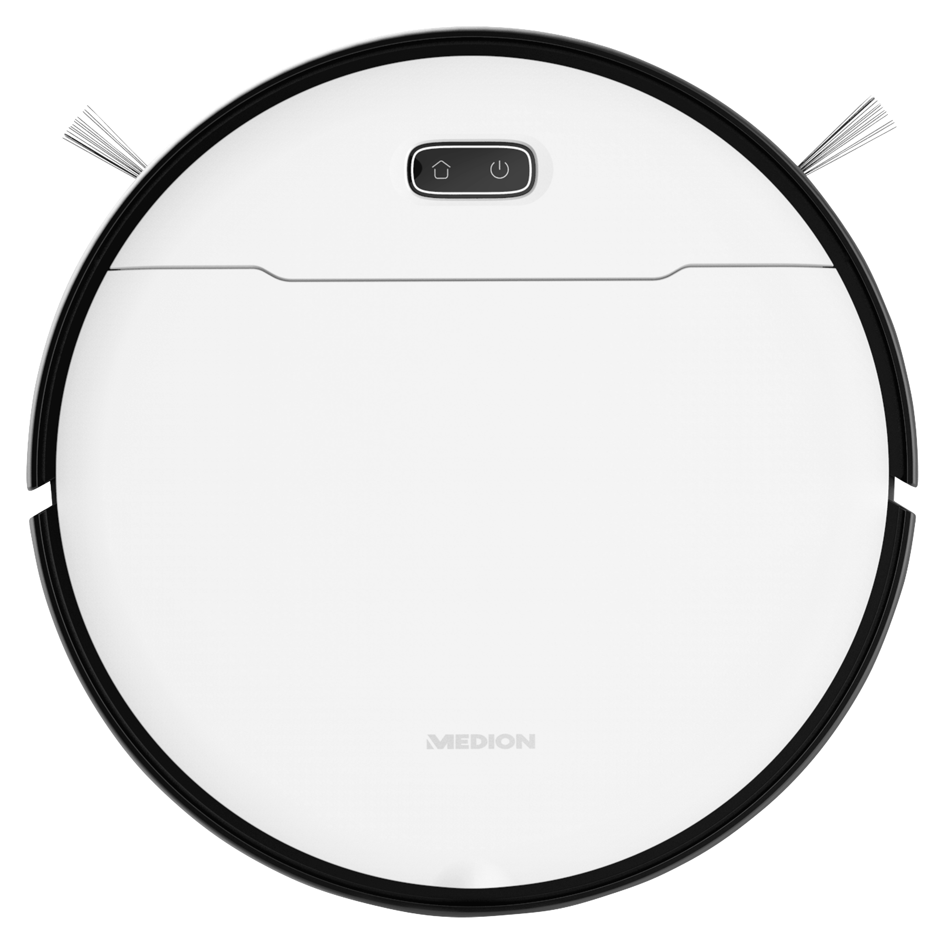 Ein weißer Roboter-Staubsauger mit schwarzem Rand, Draufsicht, auf weißer Oberfläche.