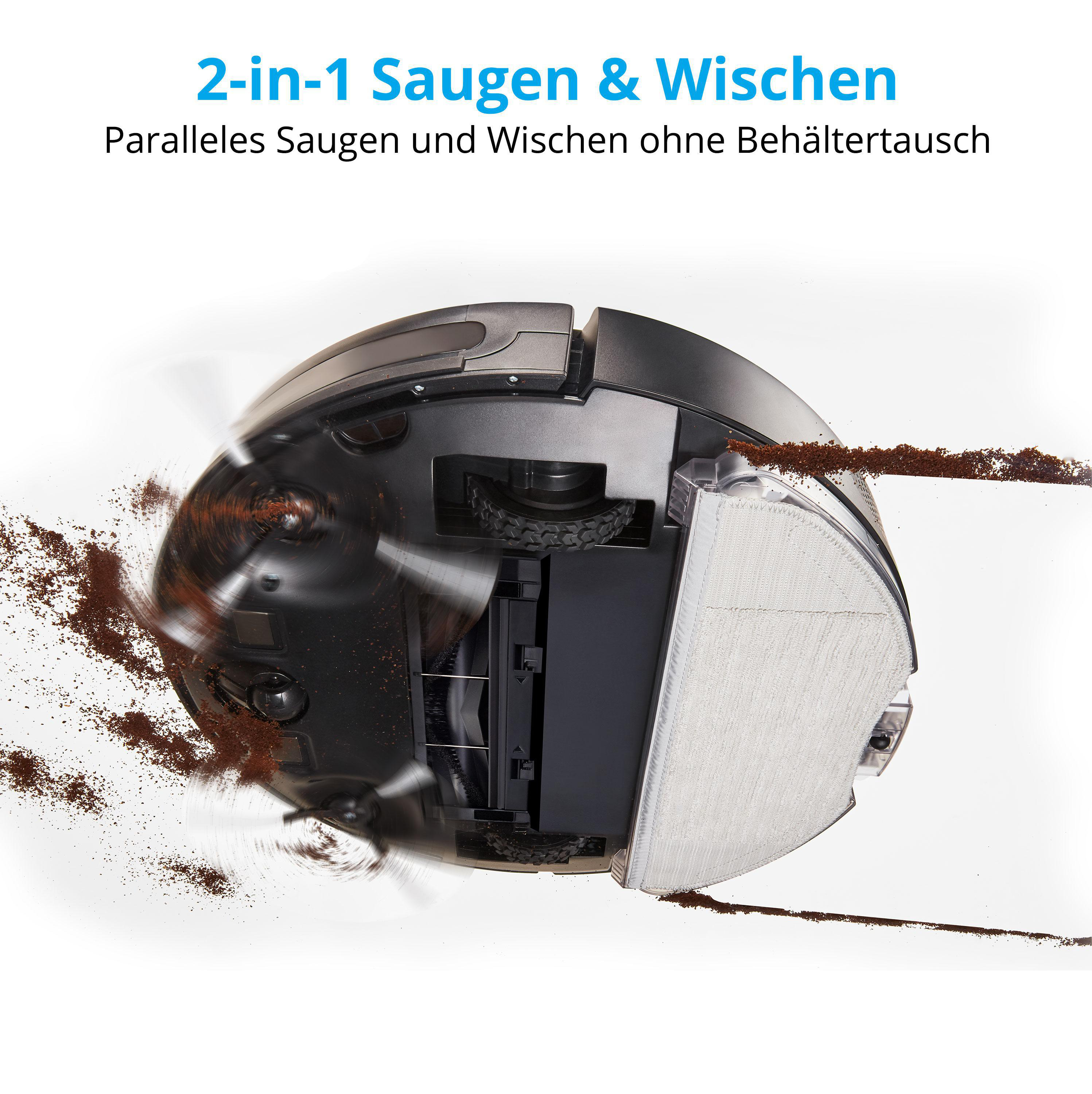 Ein Roboter-Staubsauger reinigt einen Boden mit Schmutz und Ablagerungen und zeigt den Reinigungsvorgang.