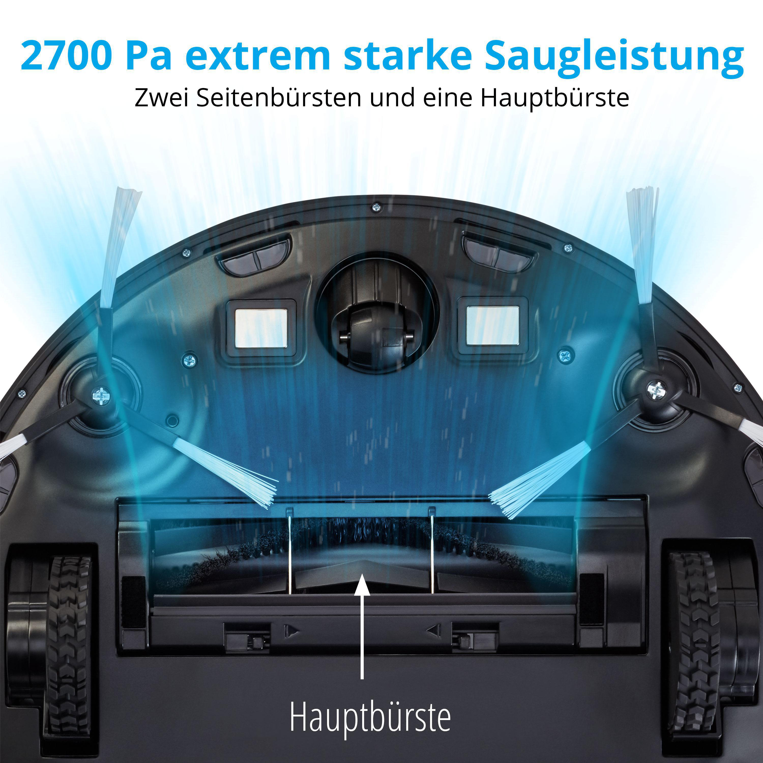 Nahaufnahme eines Roboter-Staubsaugers, die Bürsten, Räder und die Hauptbürste zeigt.