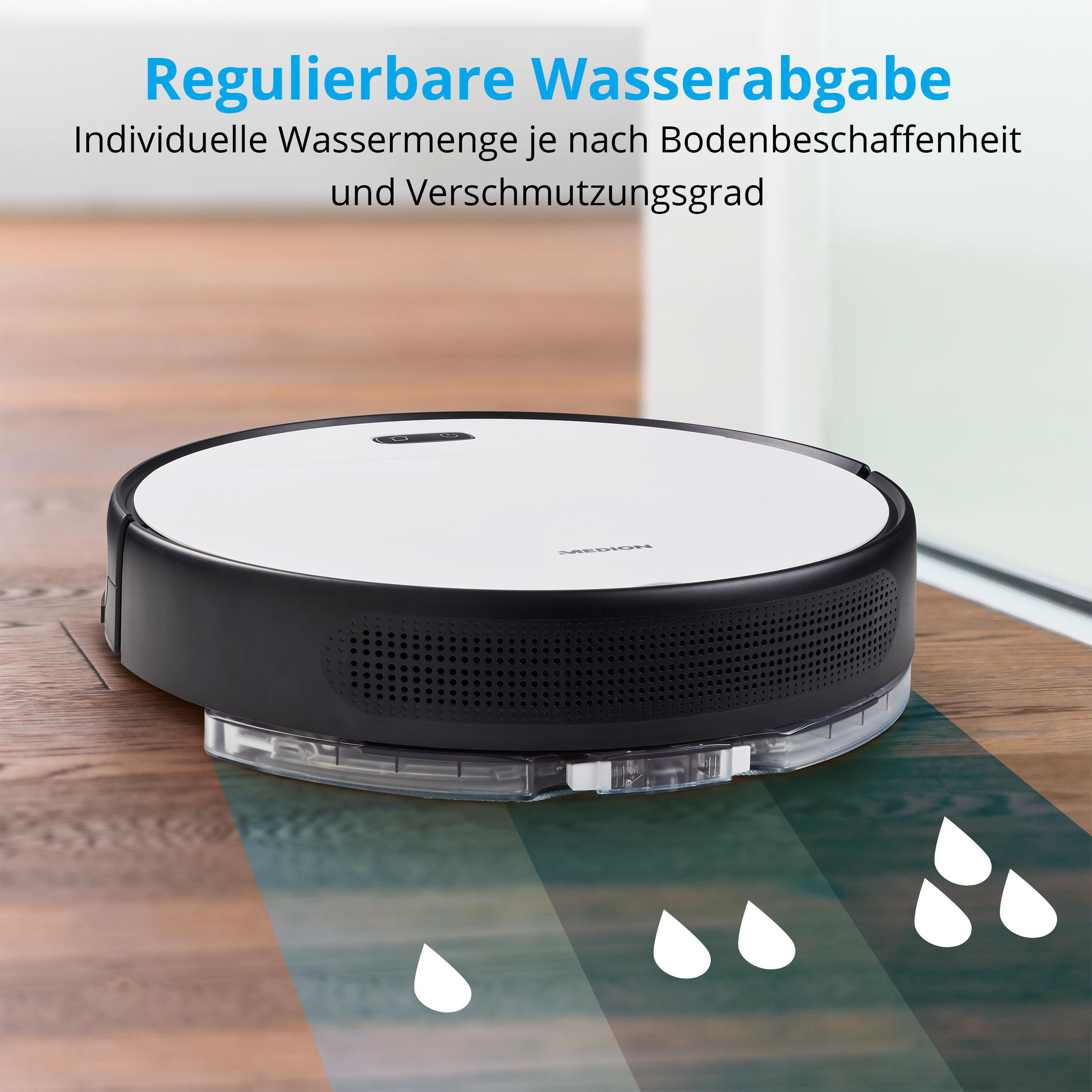 Ein Roboter-Staubsauger auf einem Holzboden, der Wassertropfen und den Reinigungsbereich zeigt.