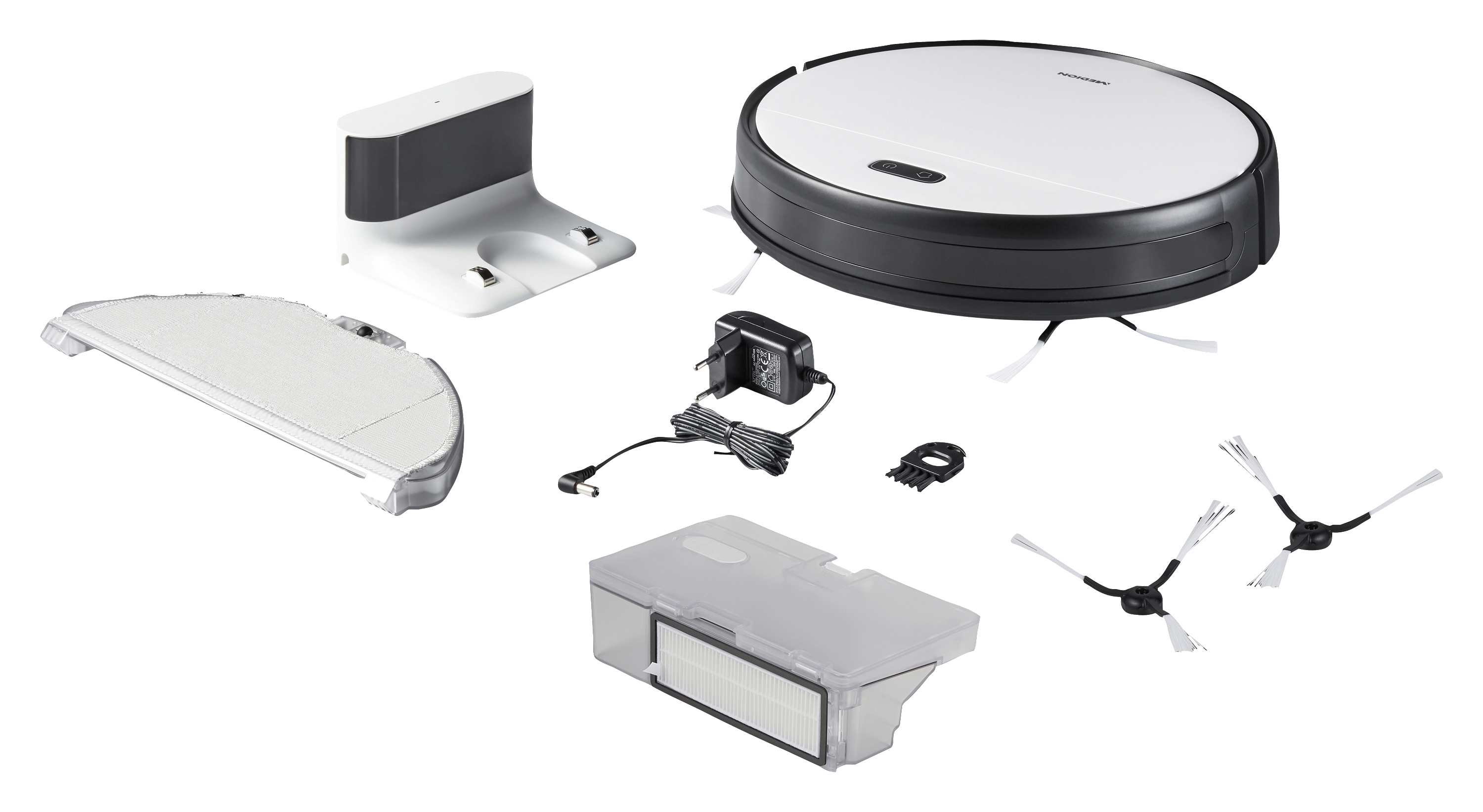 Roboter-Staubsauger mit Zubehör: Ladestation, Wassertank, Bürsten und Netzteil, weißer Hintergrund.