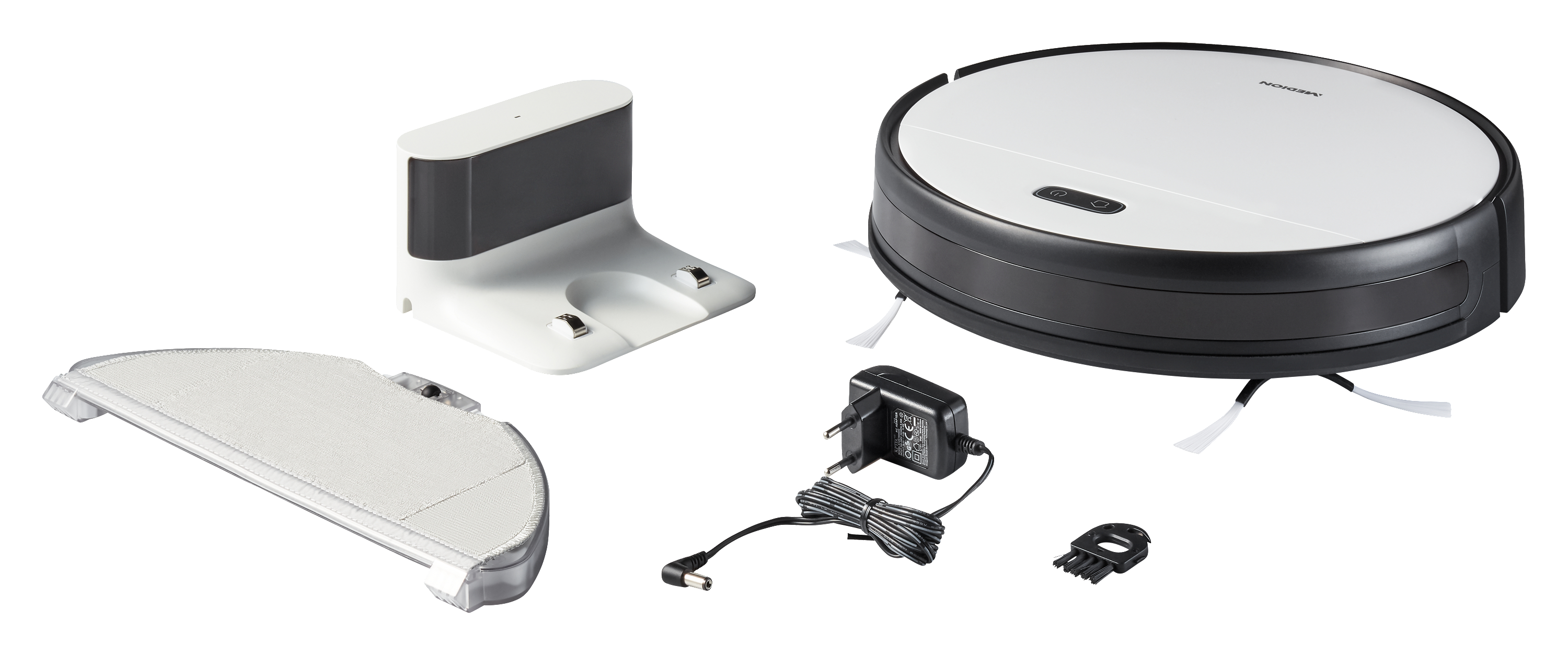 Roboter-Staubsauger mit Zubehör: Ladestation, Filter und Netzteil.