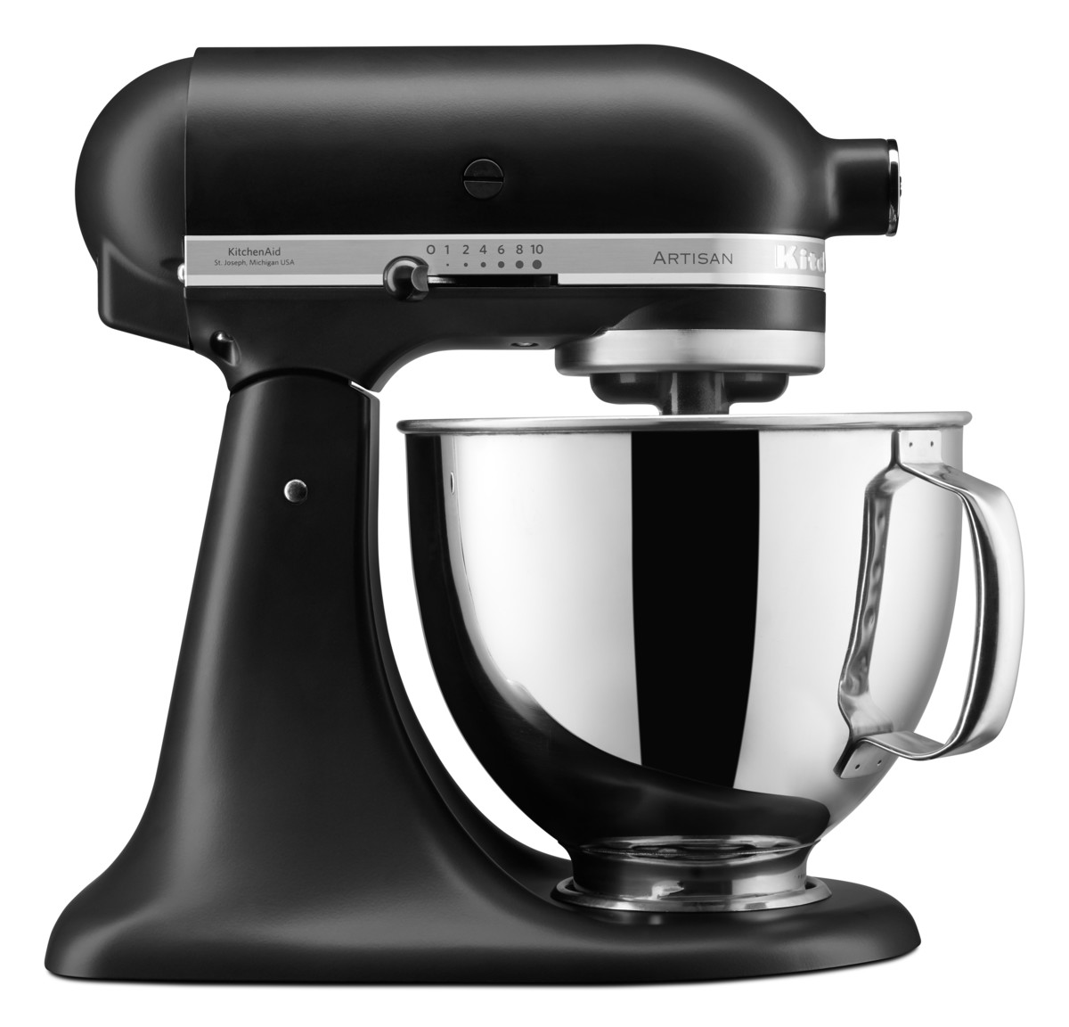 Ein schwarzer KitchenAid-Küchenmixer mit einer Edelstahlschüssel.