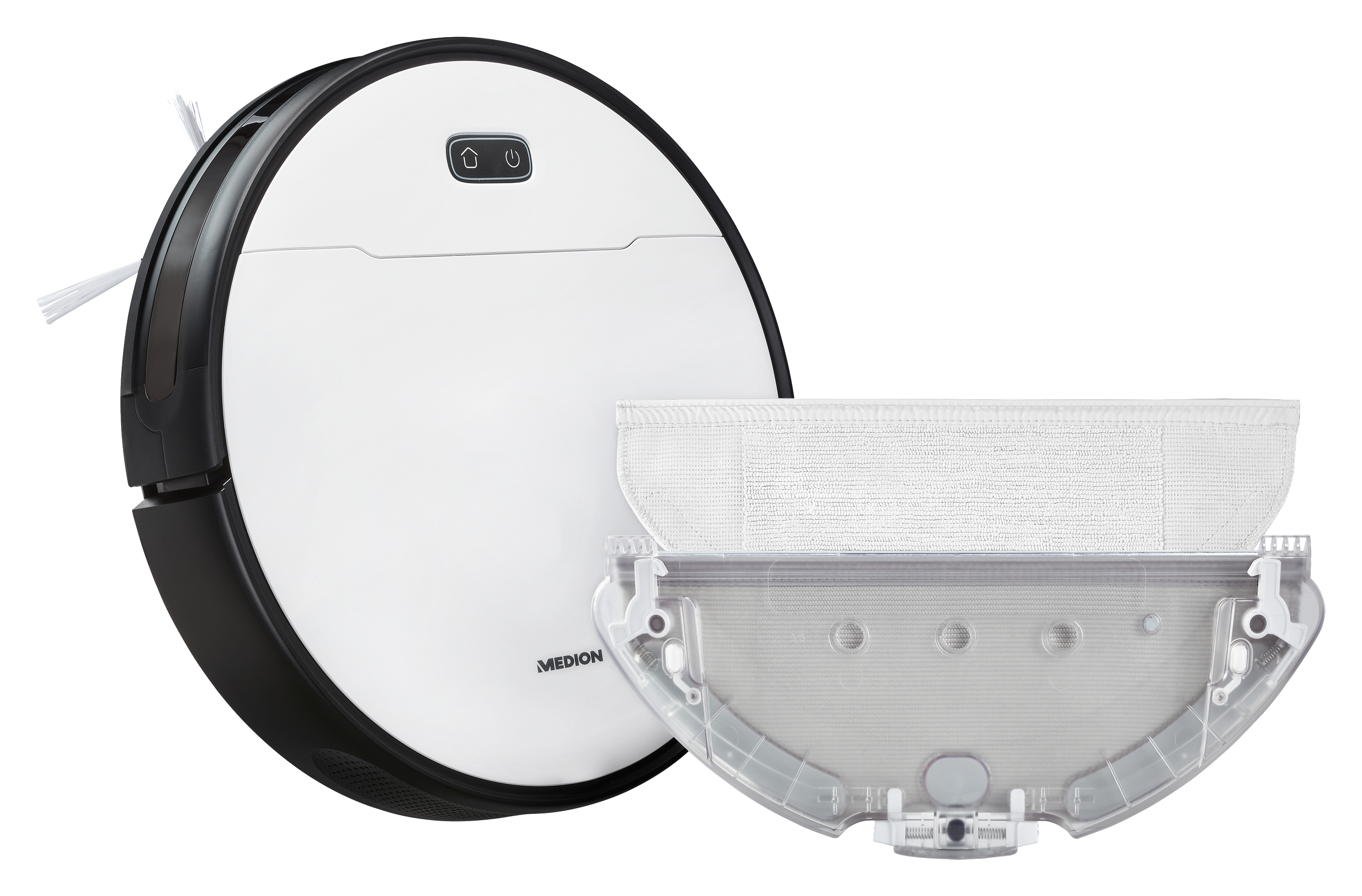 Roboter-Staubsauger, weiß und schwarz, mit separater Wassertank-Einheit.