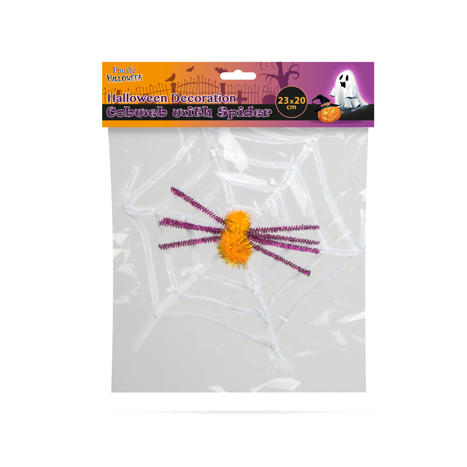 Halloween dekoráció: műanyag zacskó pókhálóval és pókkal.
