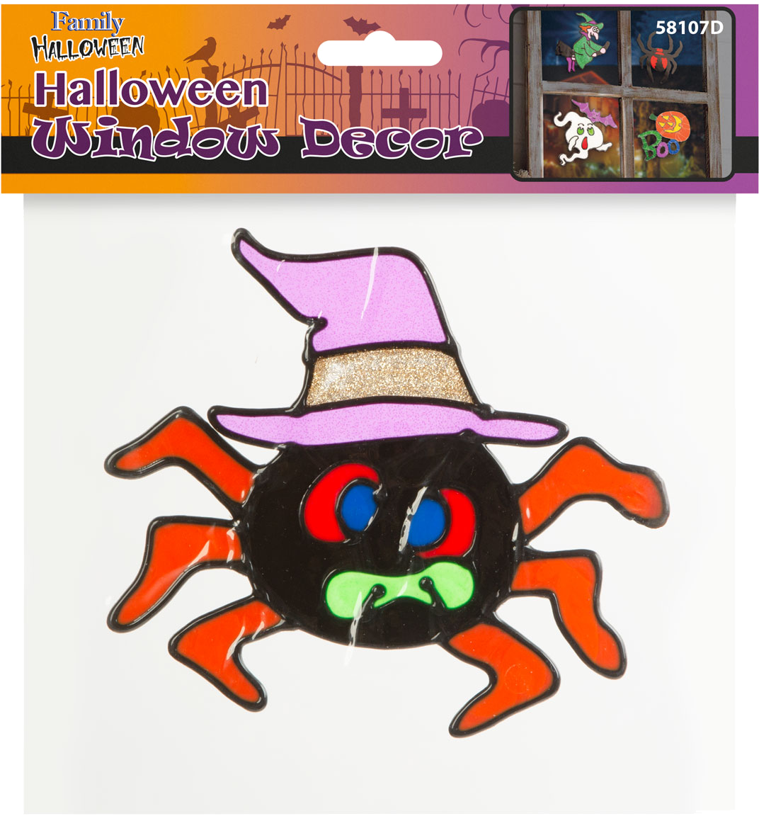 FAMILY HALLOWEEN 58107D Színes csillámos ablakmatrica, pók