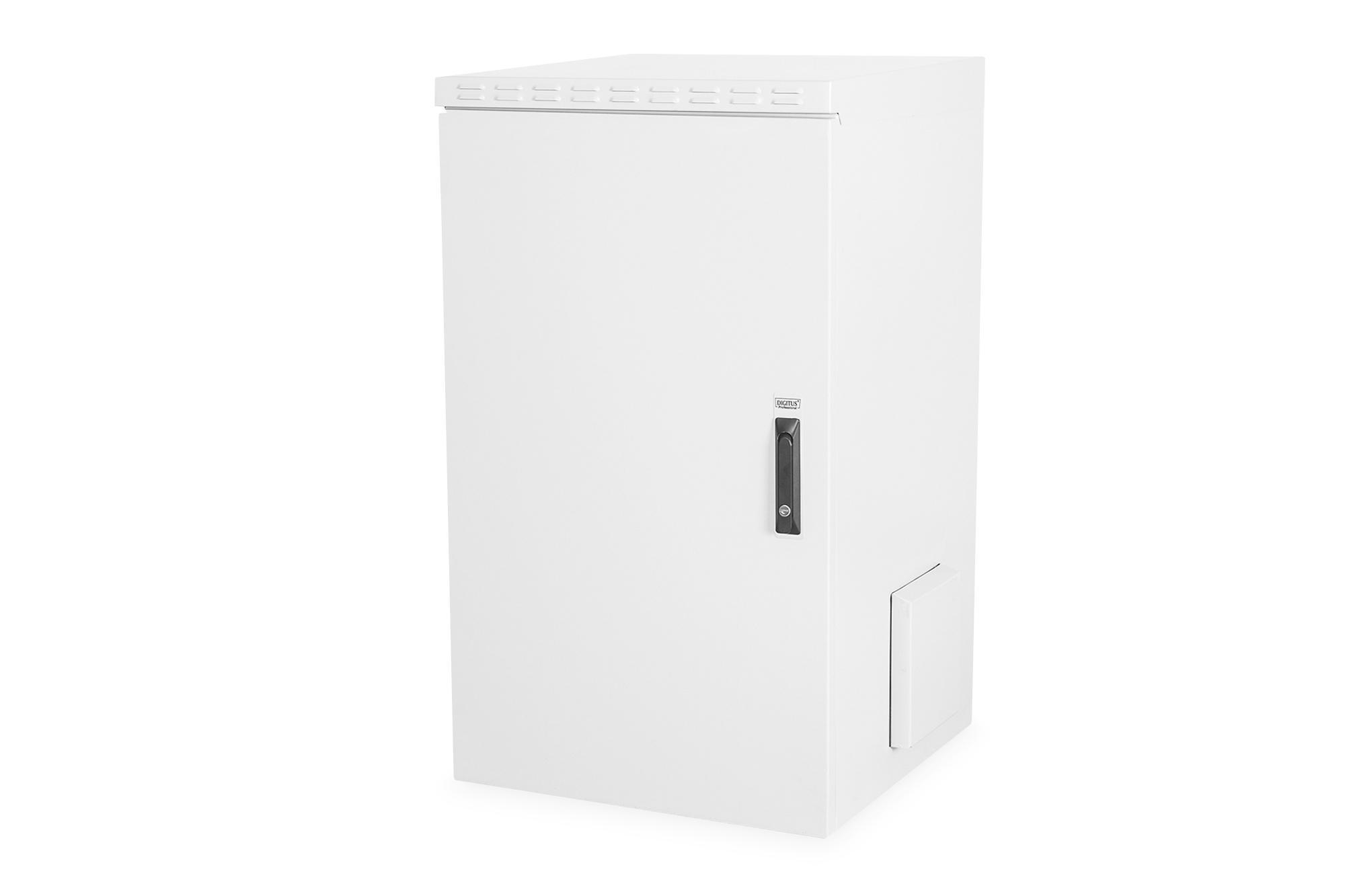 Weißer Elektroschrank mit Tür, Griff und Zugangsklappe.