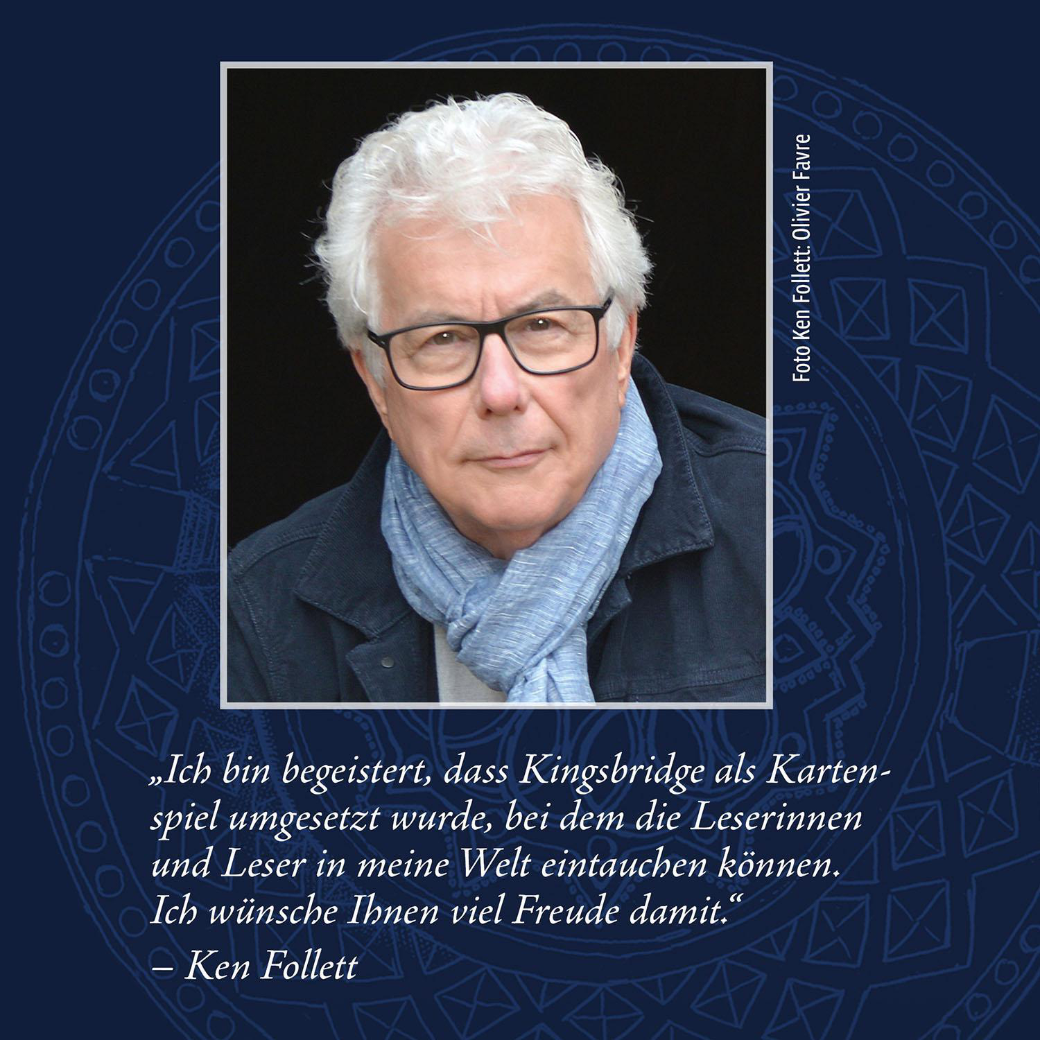 Ken Follett's Porträt mit blauem Schal und Lesebrille, Text auf Deutsch.
