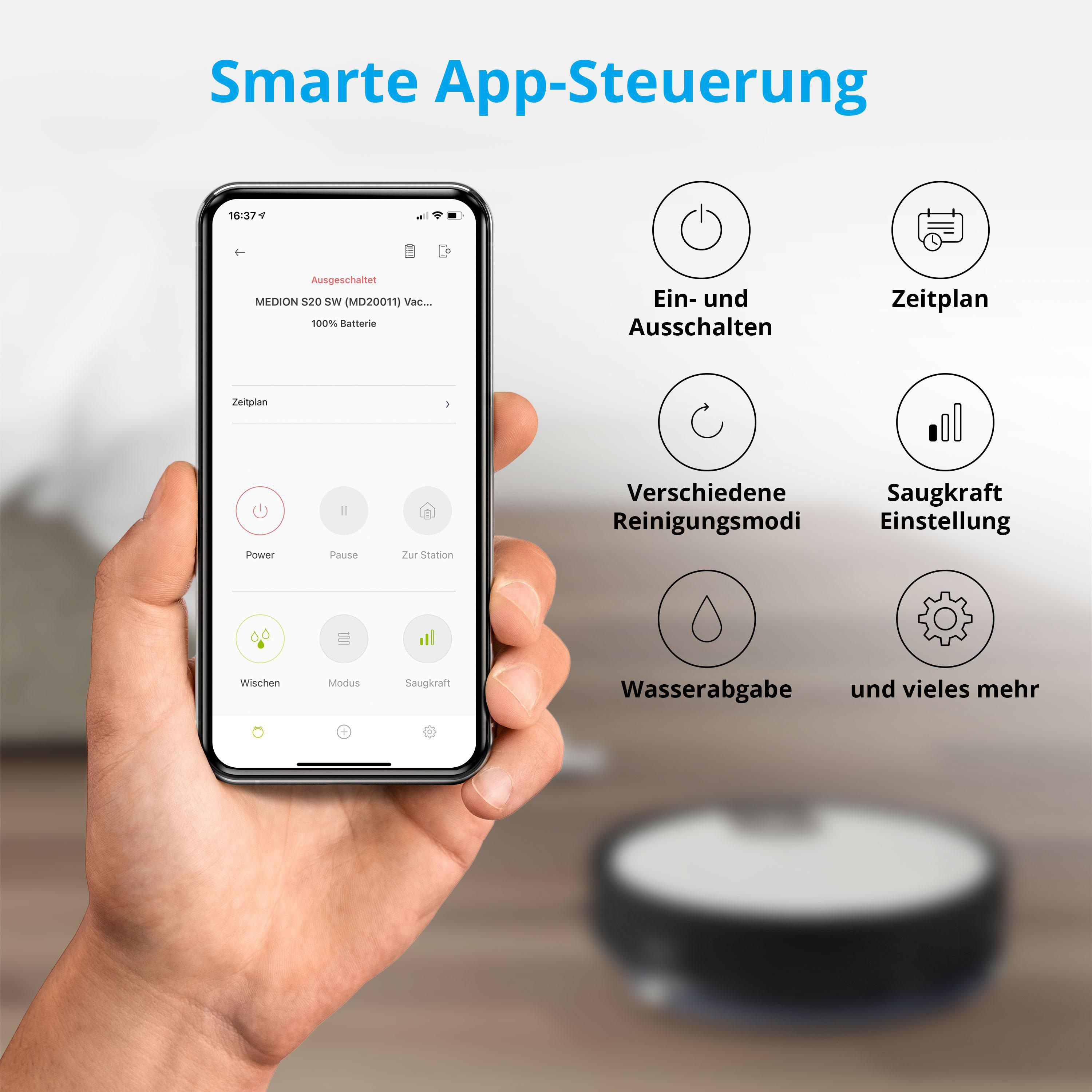 Eine Hand hält ein Smartphone mit einer App zur Steuerung eines Roboterstaubsaugers mit Funktionssymbolen.