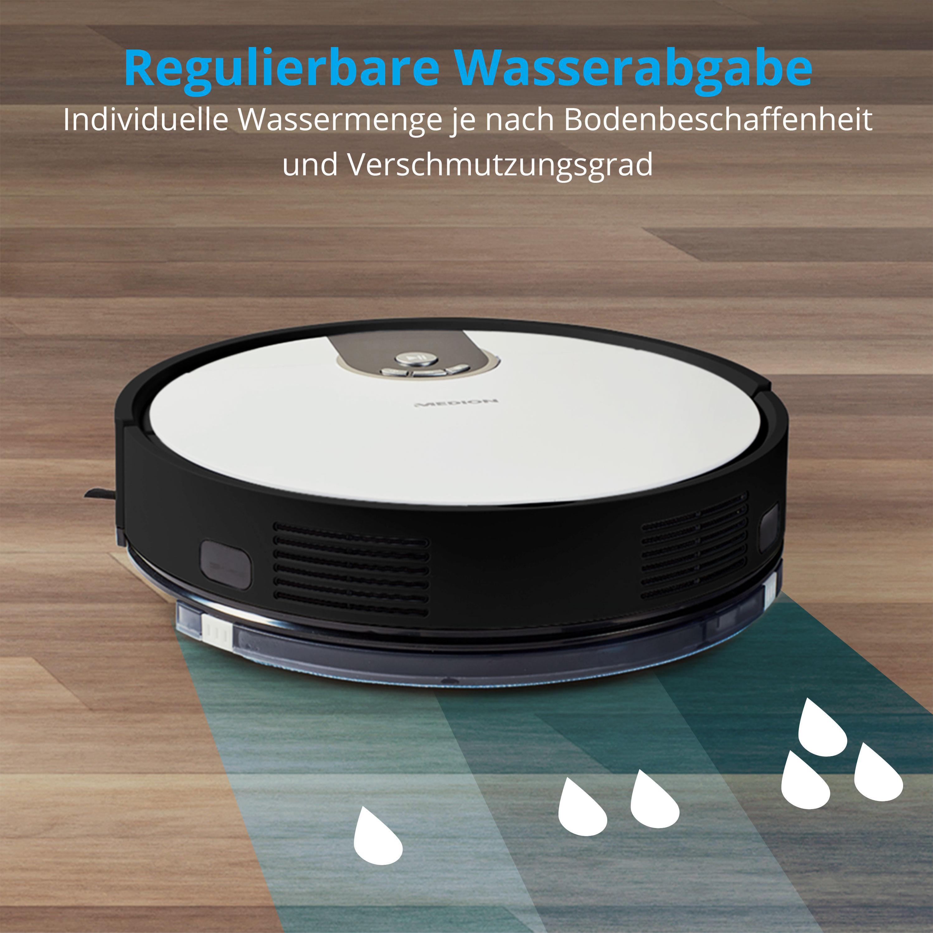 Roboter-Staubsauger auf Holzboden, mit Wassertropfen-Symbolen.
