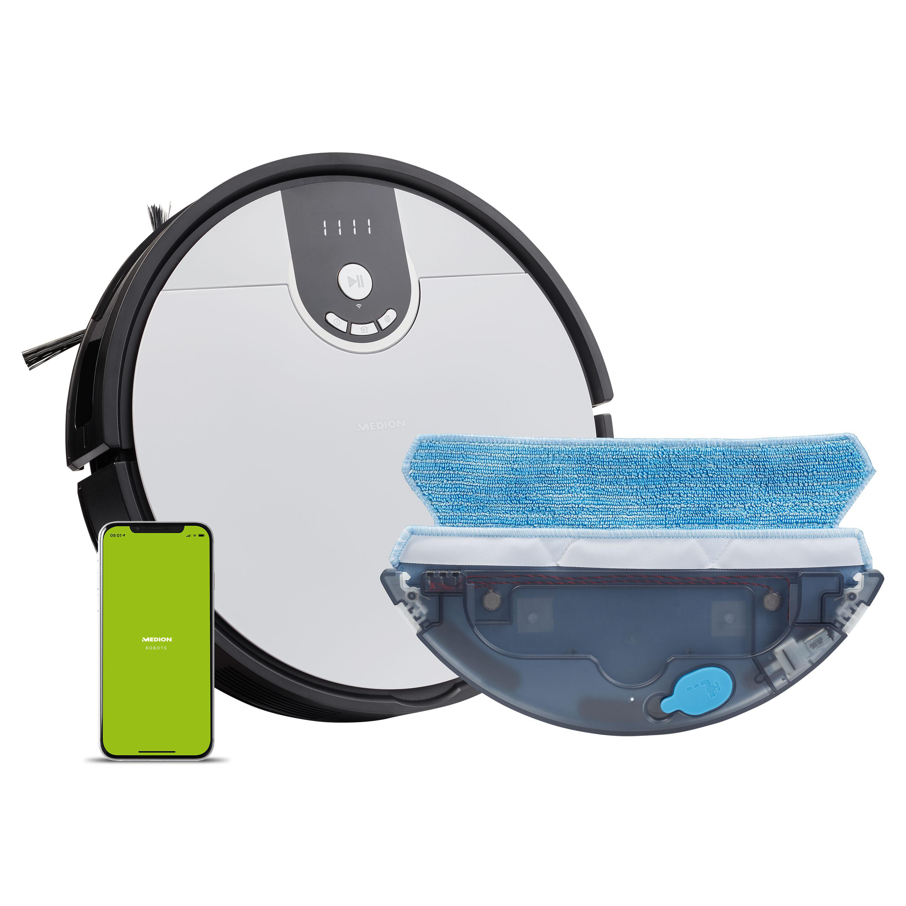 Ein Roboter-Staubsauger, das Reinigungszubehör und ein mobiles Gerät mit grünem Bildschirm.
