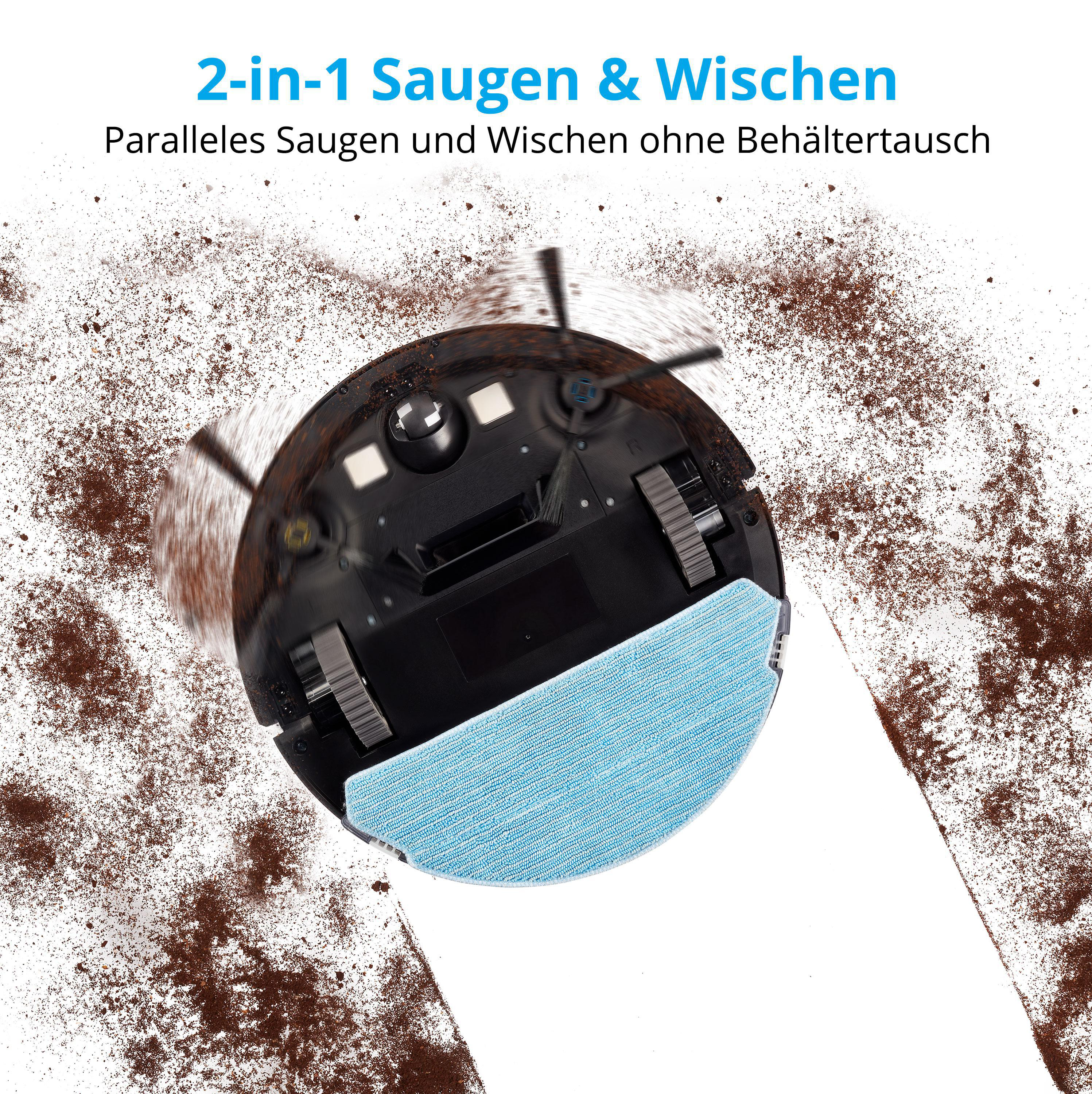 Ein schwarzer und blauer Roboter-Staubsauger reinigt eine Oberfläche mit braunen Ablagerungen.