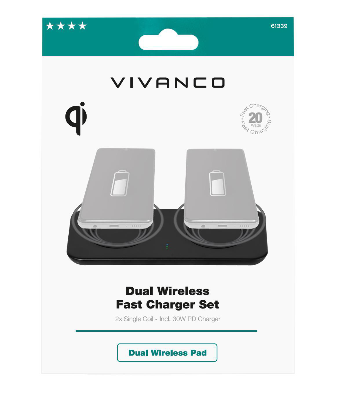 Watt, Wireless universal Dual 20 Ladegerät Set Schwarz USB Fast induktives VIVANCO Charger Type-C™