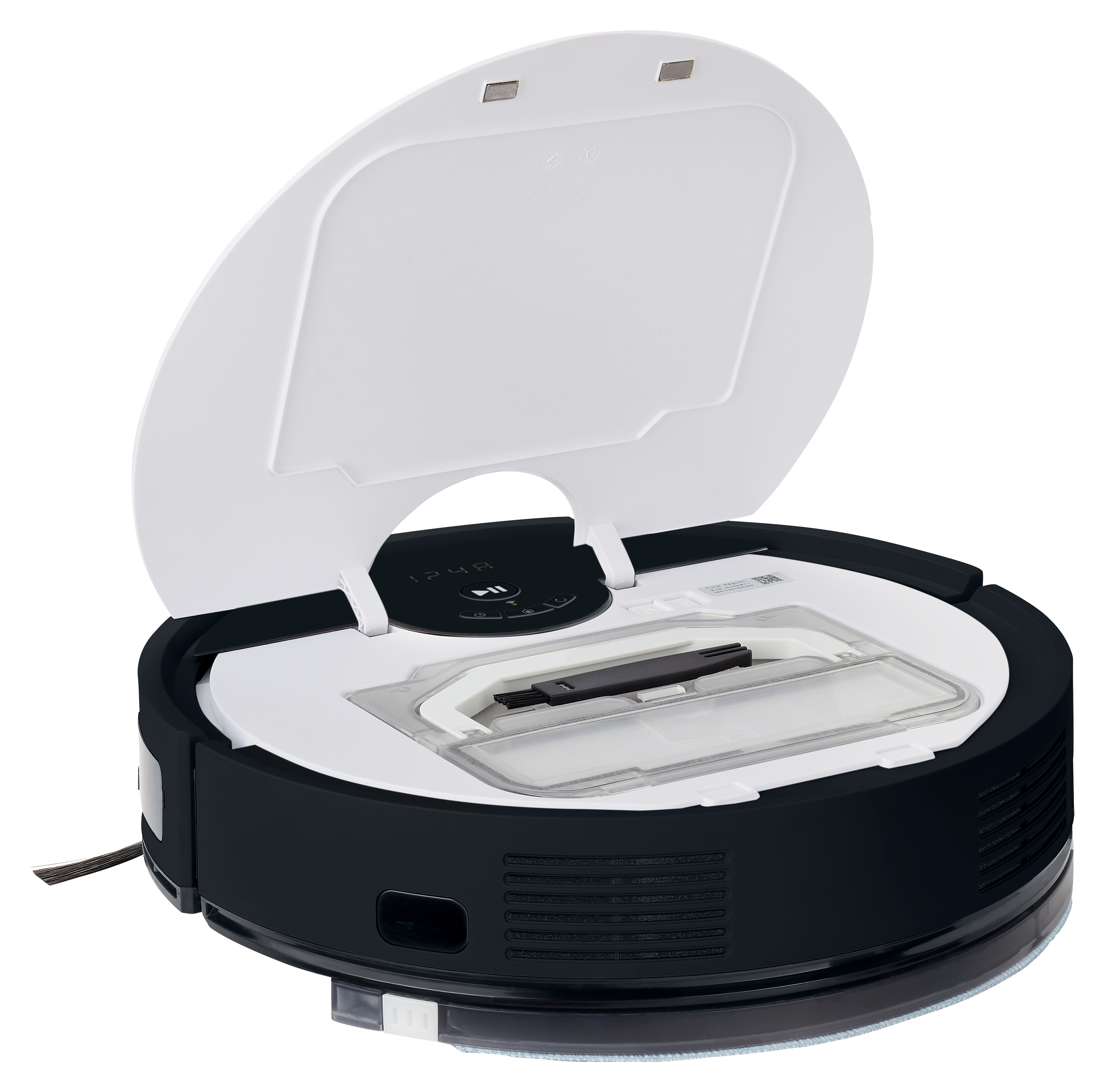 Roboter-Staubsauger, schwarz-weiß, Deckel offen, Innenansicht. Runde Form.