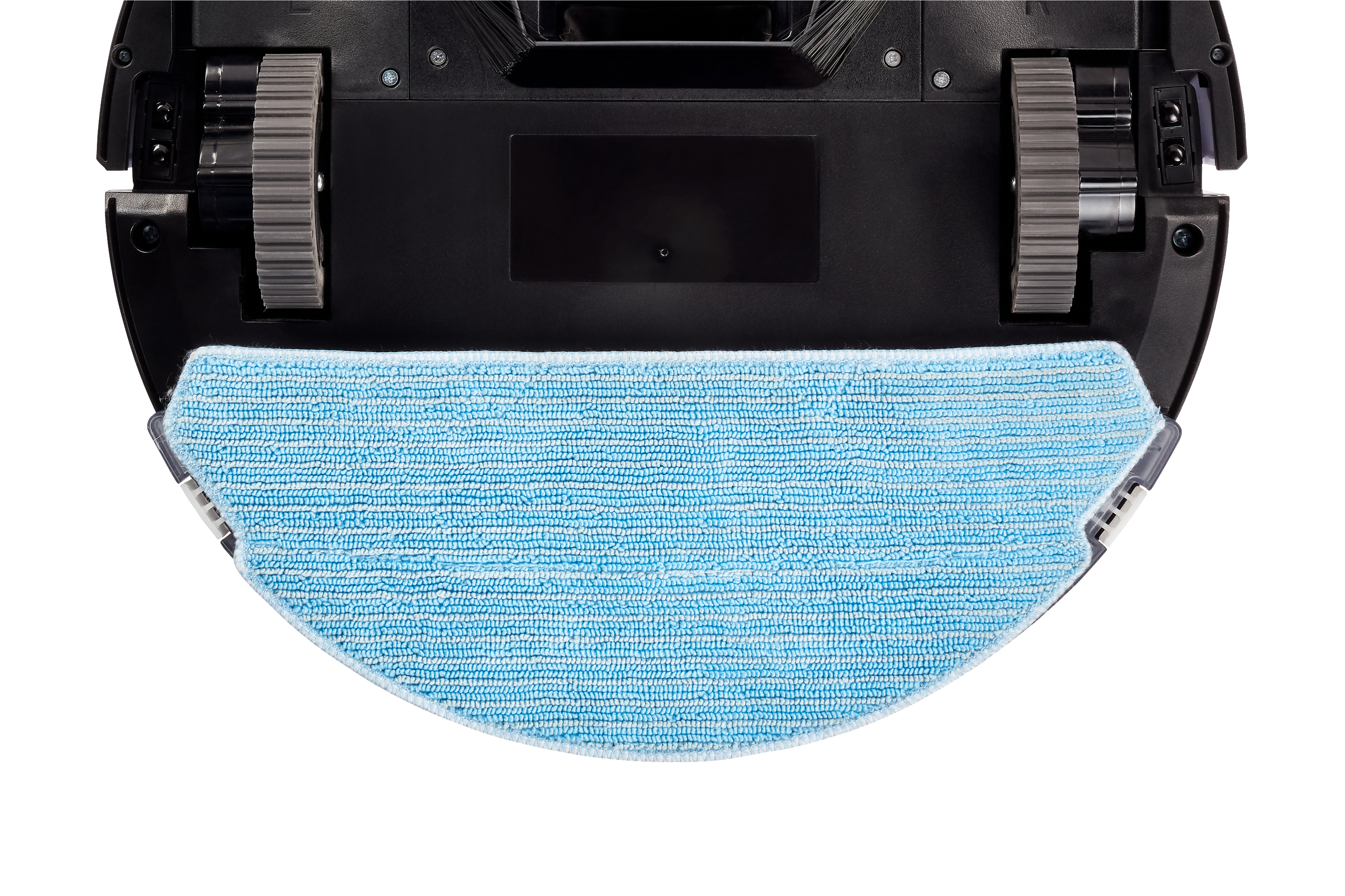Unteransicht eines schwarzen Roboter-Staubsaugers mit einem blauen Mikrofasertuch.