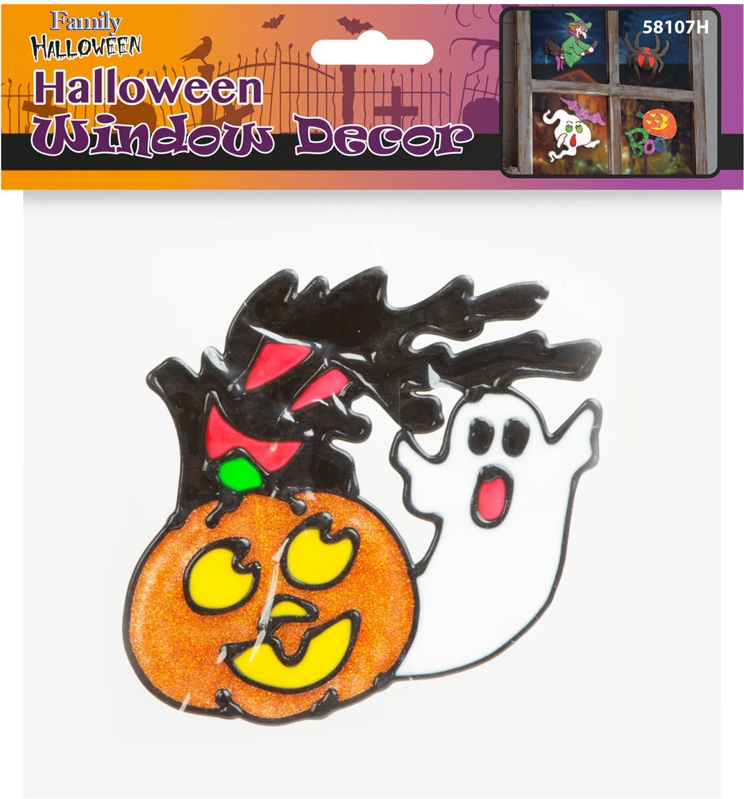 FAMILY HALLOWEEN 58107H Színes csillámos ablakmatrica, tök és szellem