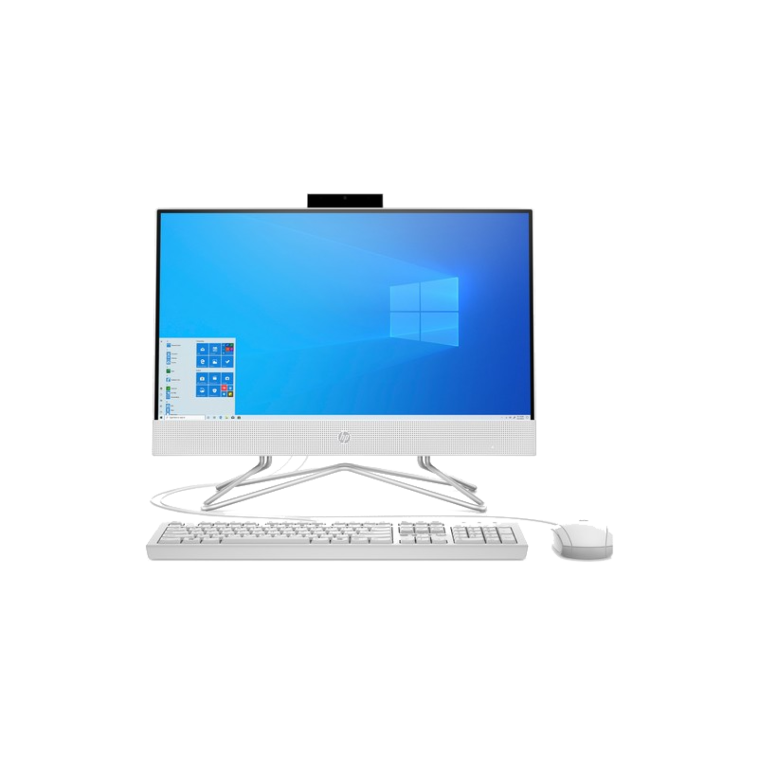 Una computadora HP todo en uno blanca con teclado y mouse sobre un fondo blanco.