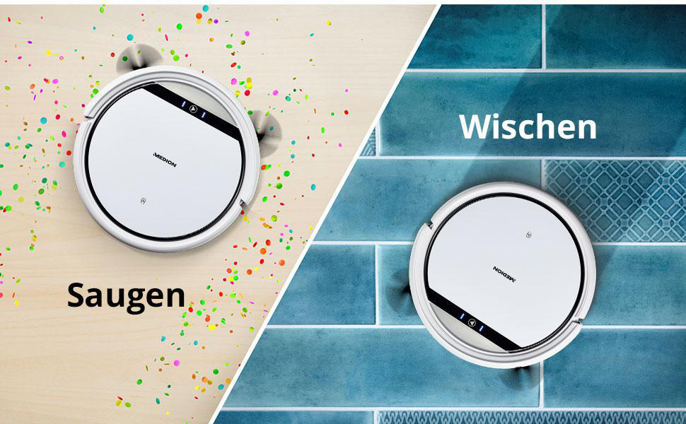 Roboterstaubsauger reinigen. Einer saugt auf Holzboden mit Konfetti. Einer auf blauem Fliesenboden.