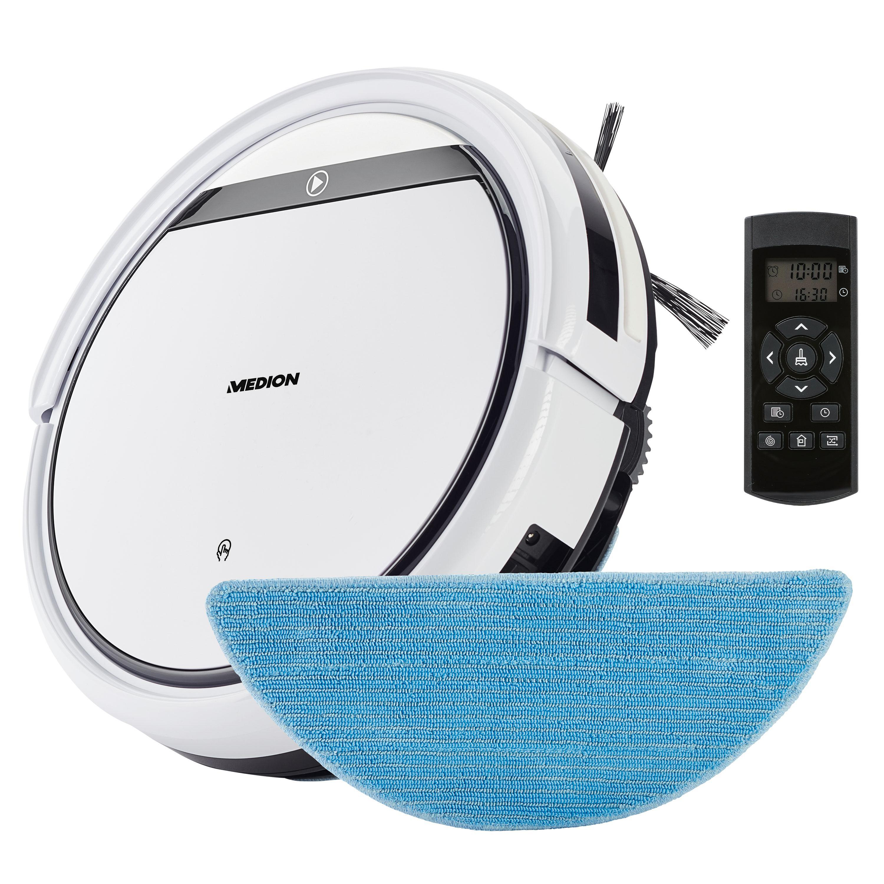 Ein Medion-Roboter-Staubsauger, eine Fernbedienung und ein Reinigungspad. Der Reiniger ist weiß und schwarz. Das Pad ist blau.