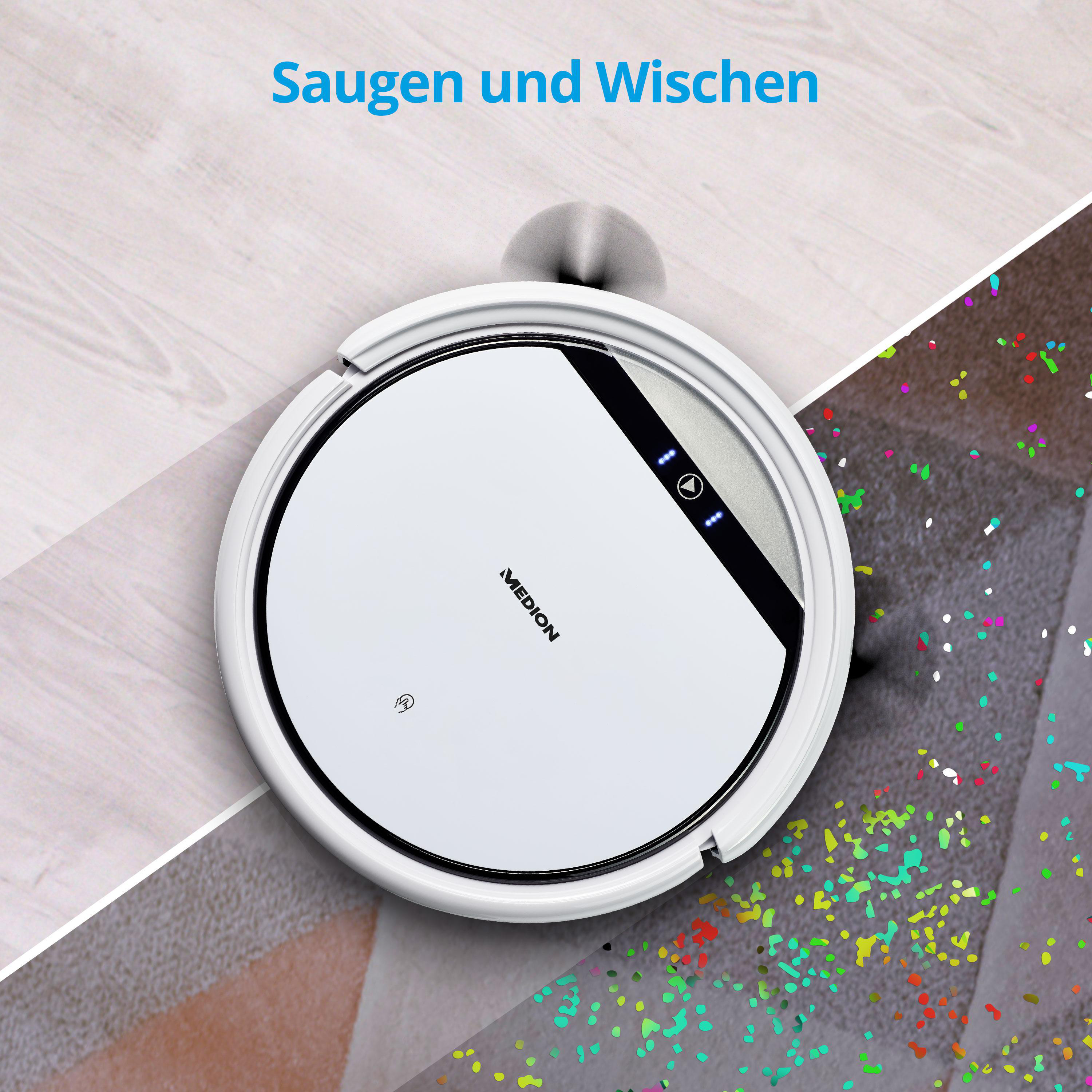 Weißer Roboter-Staubsauger auf einem Boden mit Teppich und buntem Konfetti.