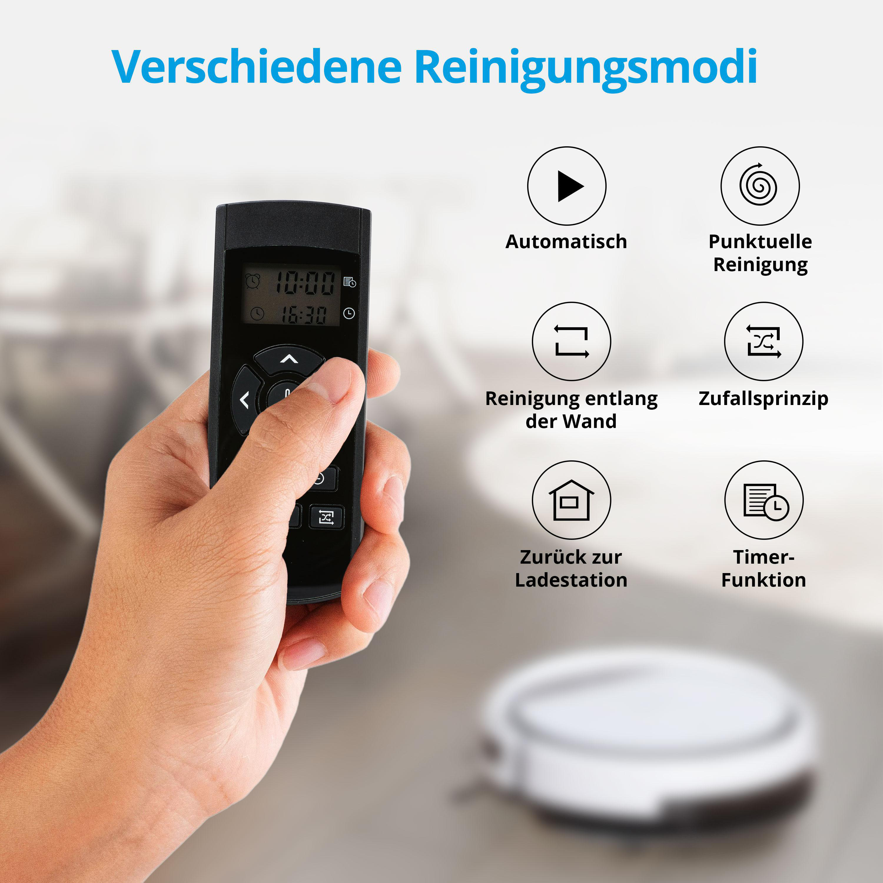 Hand hält schwarze Fernbedienung mit Display. Symbole der Reinigungsmodi werden angezeigt.