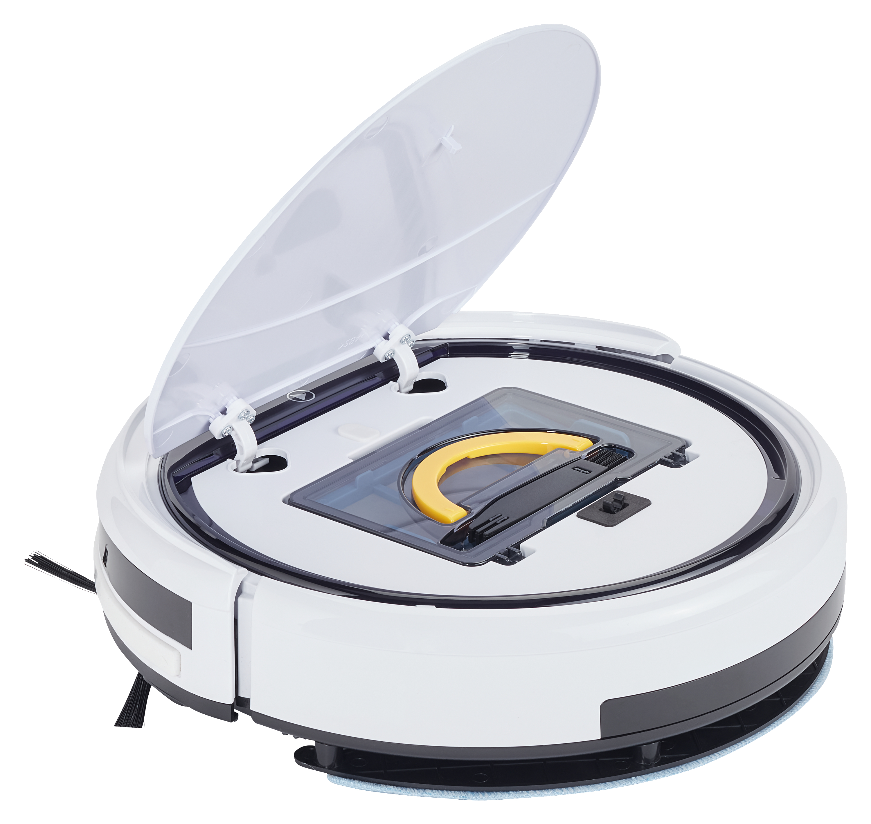 Ein weißer Roboter-Staubsauger mit geöffneter Oberseite, der sein Inneres zeigt.