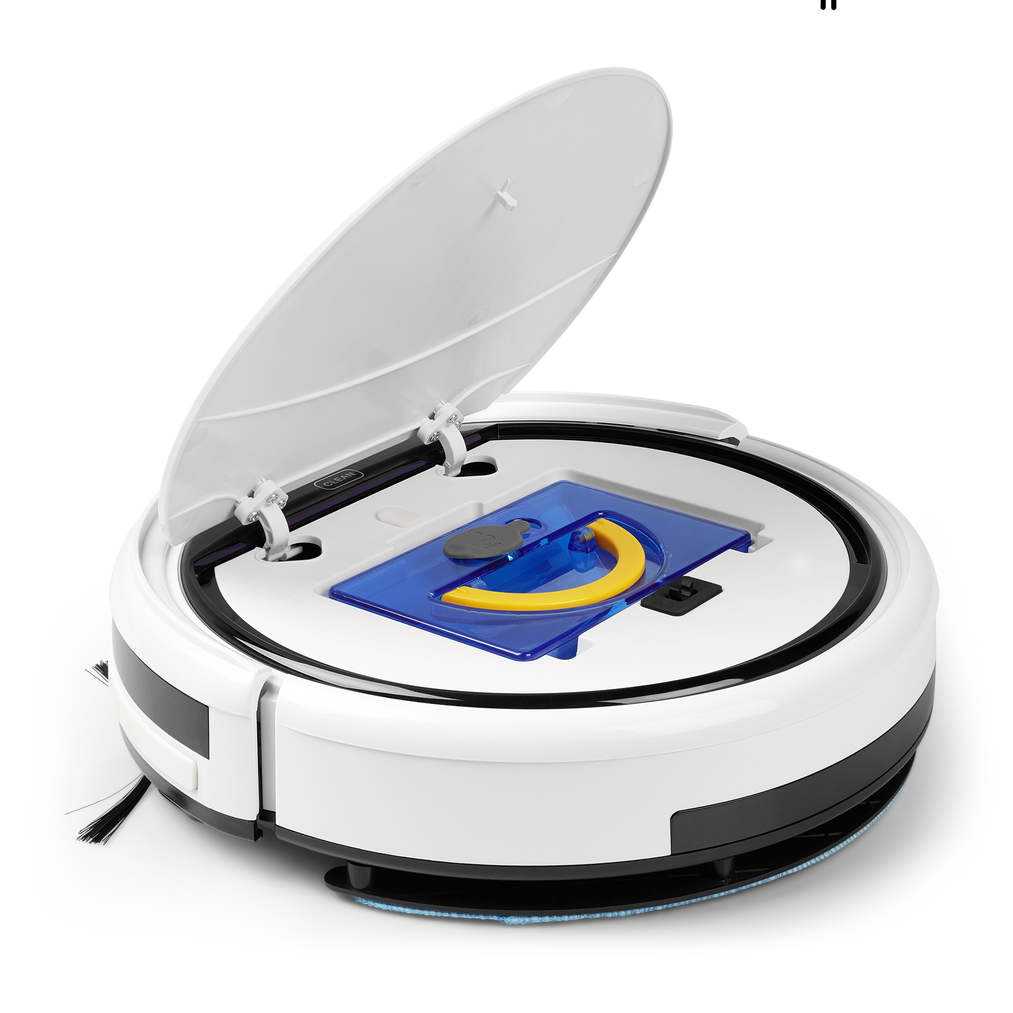 Roboter-Staubsauger, Draufsicht. Offener Deckel, mit blauen und gelben Komponenten.