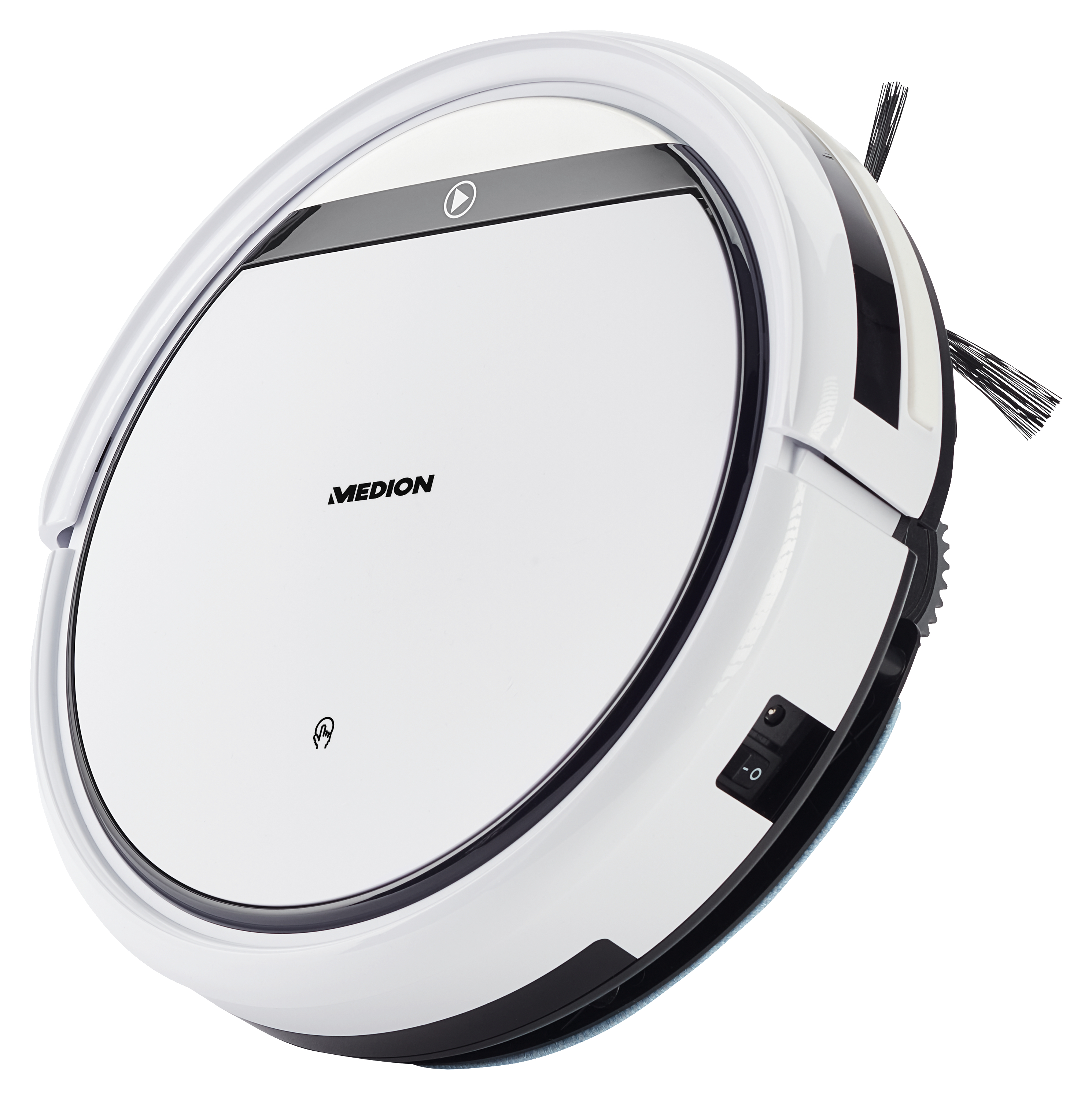 Ein weißer Roboter-Staubsauger mit Ein-/Aus-Schalter und Medion-Logo.