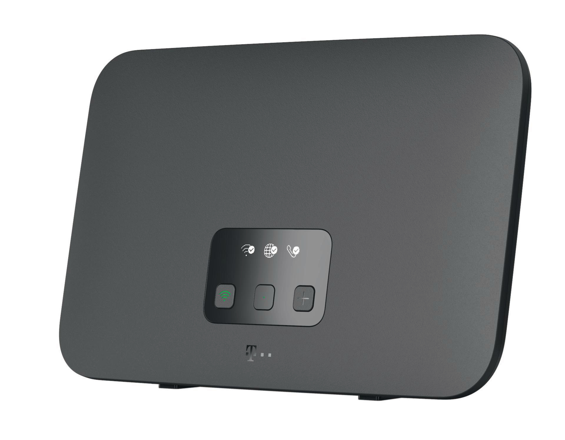 Ein schwarzer rechteckiger Router mit grünen und weißen Lichtern und Knöpfen.