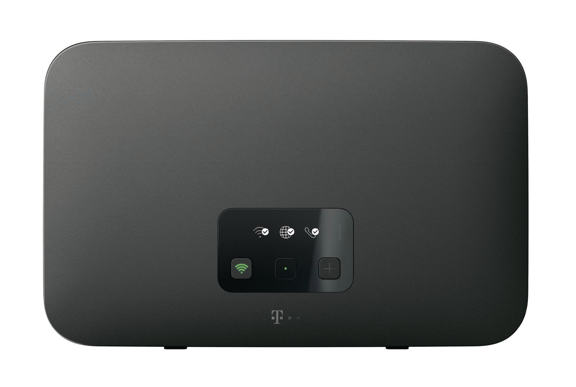 Schwarzes rechteckiges Modem mit kleinem Bildschirm und beleuchteten Tasten, auf weißer Fläche.