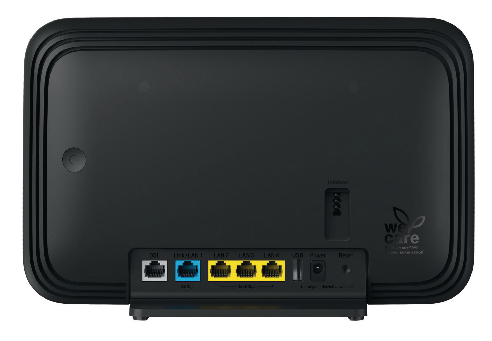 Schwarze Router-Rückseite mit Anschlüssen und Ein/Aus-Taste.