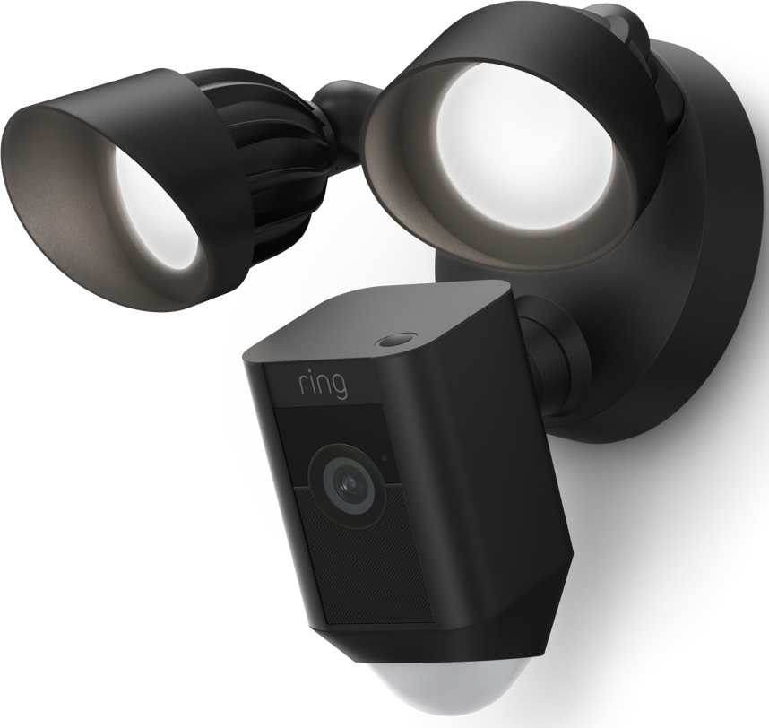 Zwarte Ring schijnwerpercamera. Heeft twee lampen en een camera in het midden.