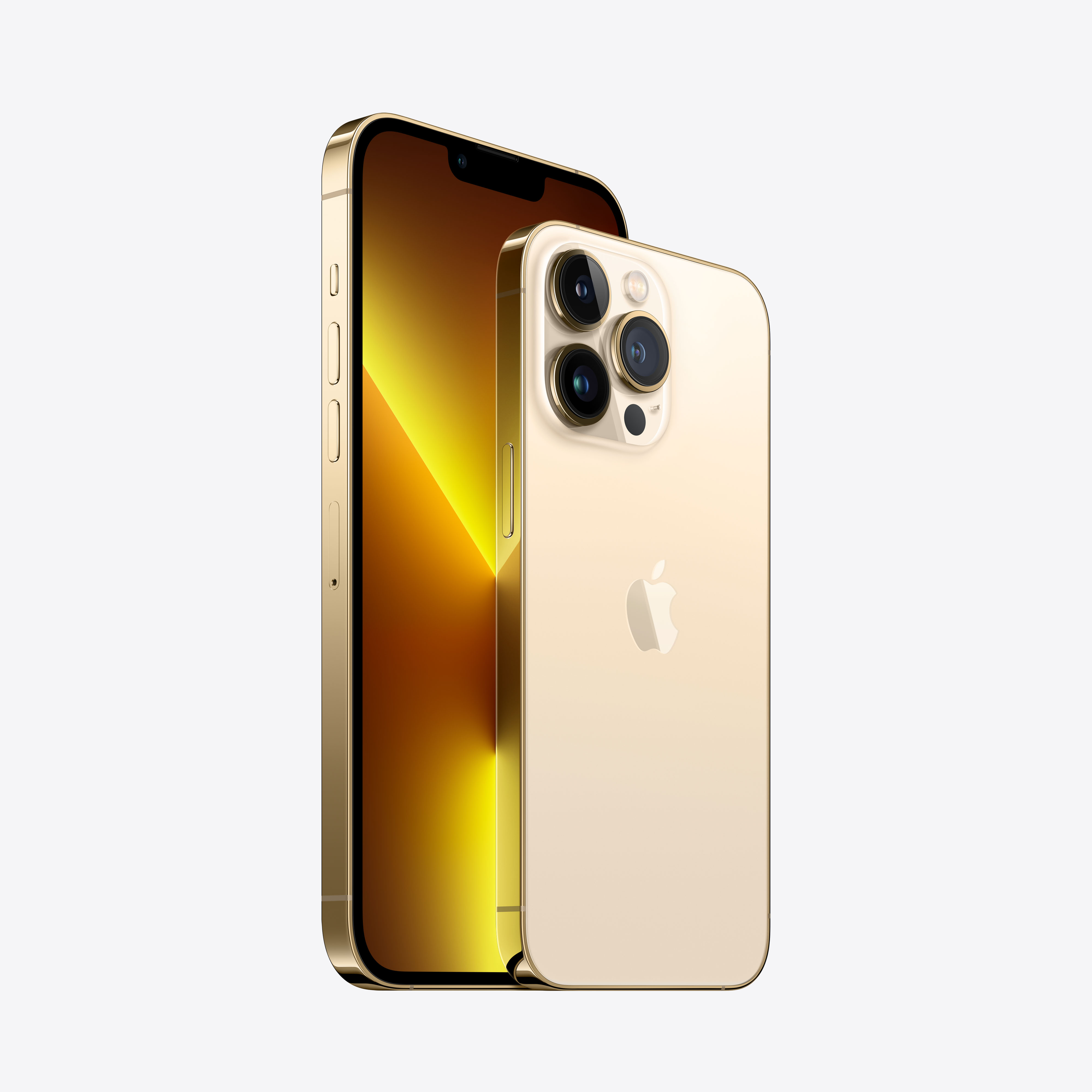 iPhone 13 Pro dorado, dos vistas. Una vista frontal muestra la pantalla y la parte trasera.