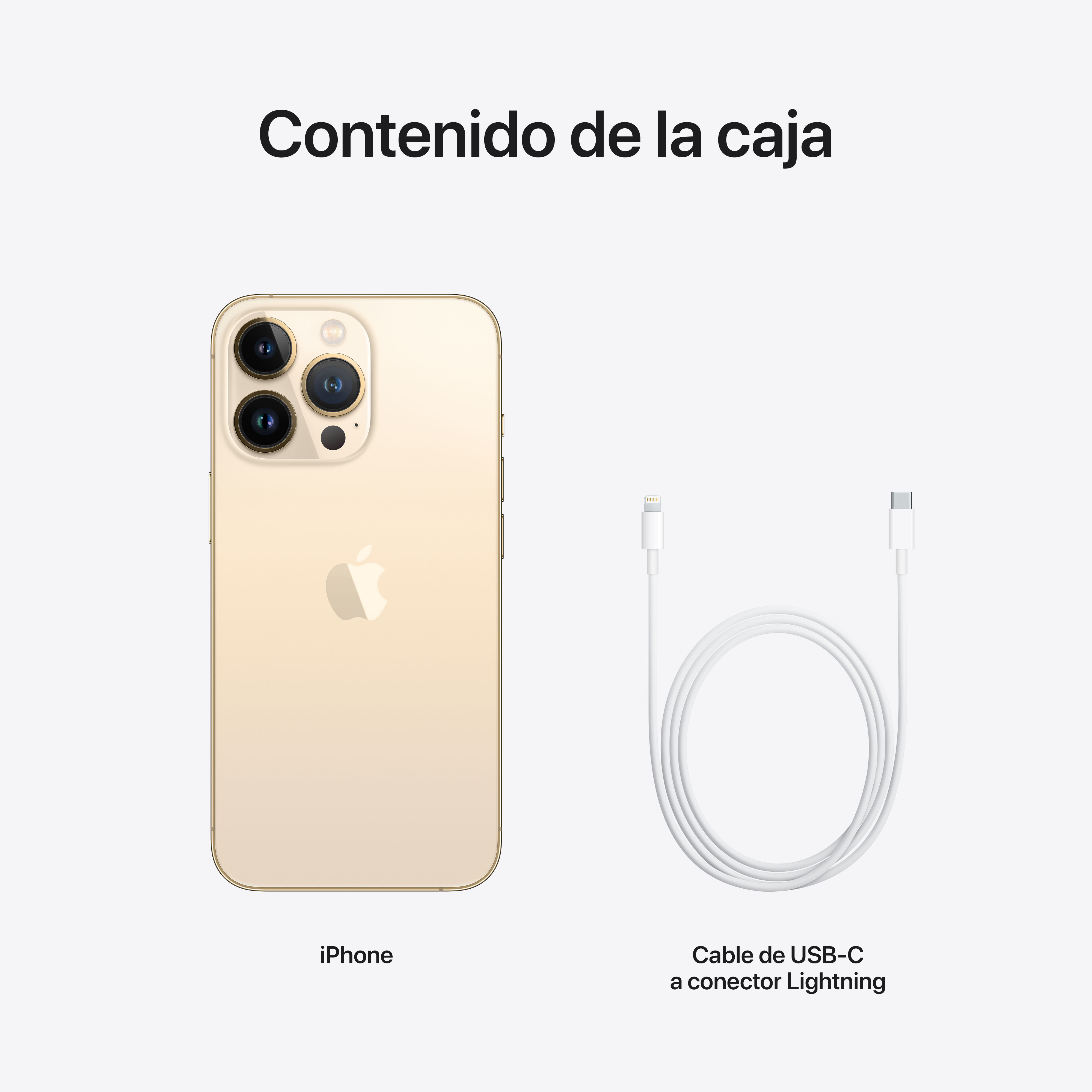 Un iPhone y un cable de carga sobre fondo blanco. Texto presente.