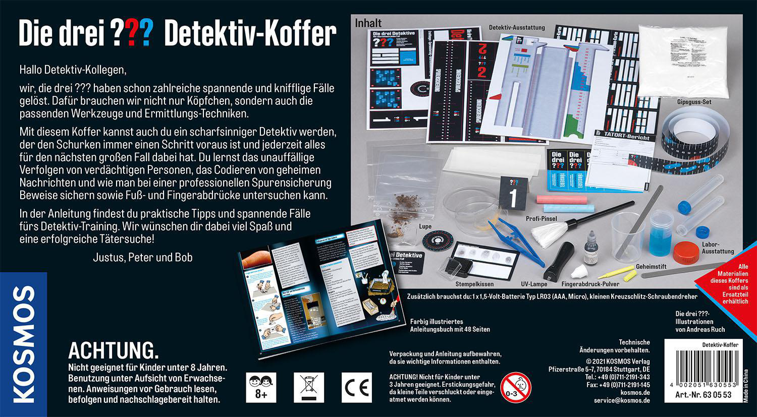 Karton mit Detektivwerkzeugen und Spielanleitung, betitelt 'Die drei ??? Detektiv-Koffer'.