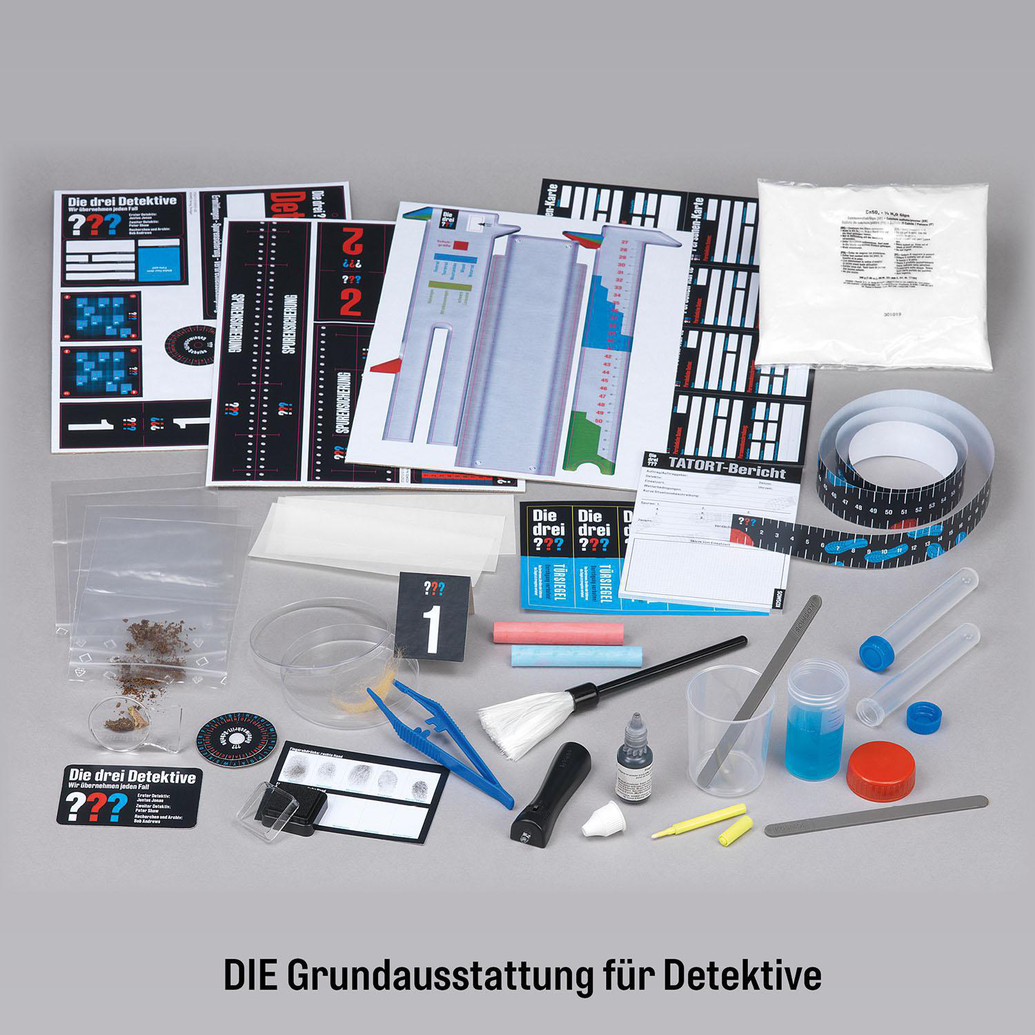 Detektiv-Set mit Werkzeugen zur Beweismittelsammlung und Anweisungen.