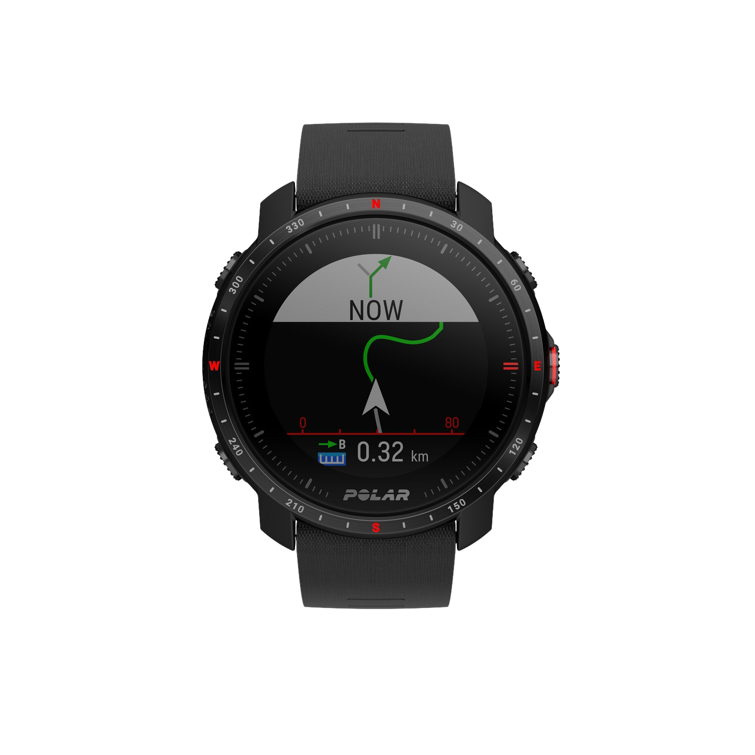 Un reloj inteligente negro con pantalla circular que muestra un mapa y flechas de navegación. Fondo negro.