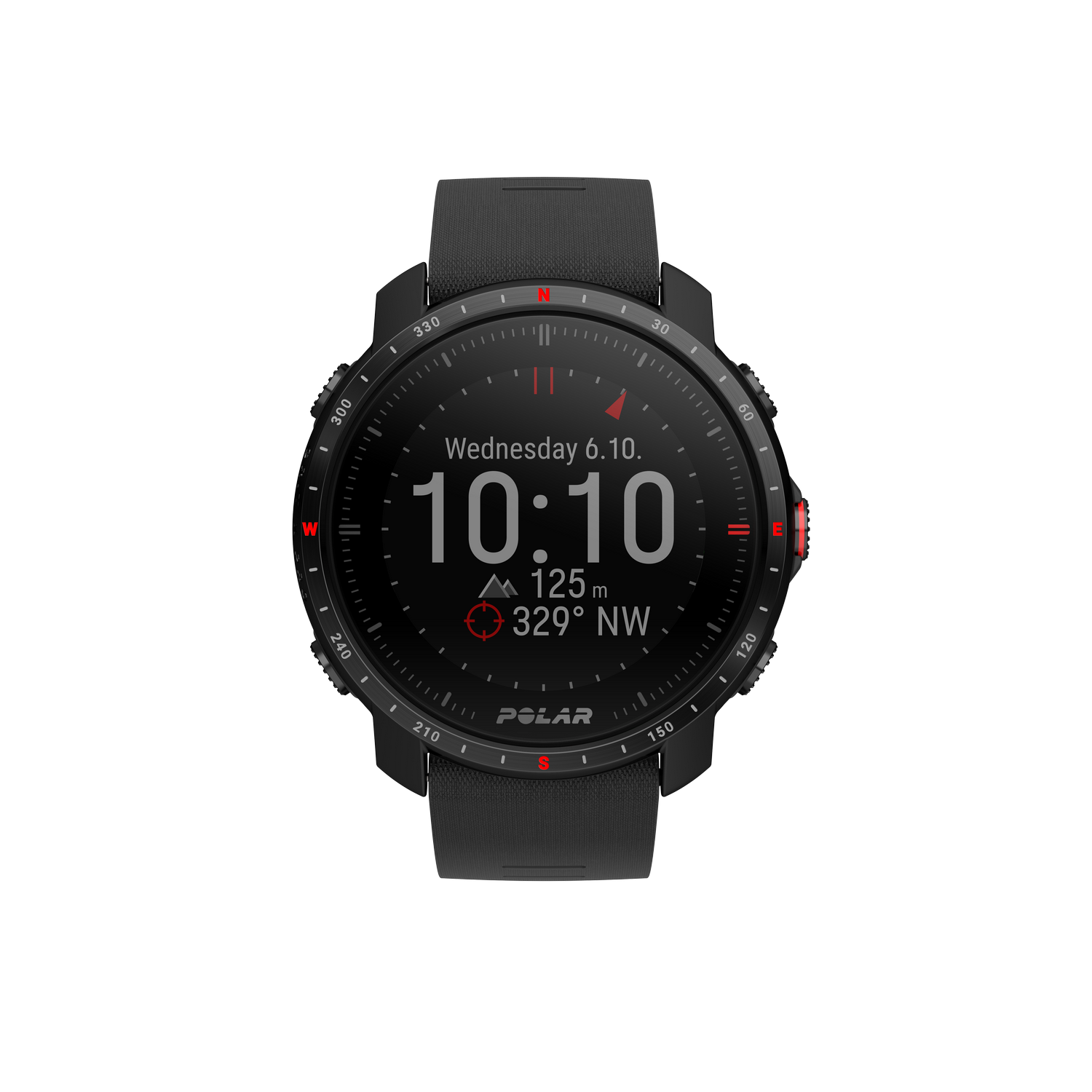 Reloj Polar negro que muestra la hora, la fecha y los datos de ubicación. Correa negra. Acentos rojos. Fondo negro.